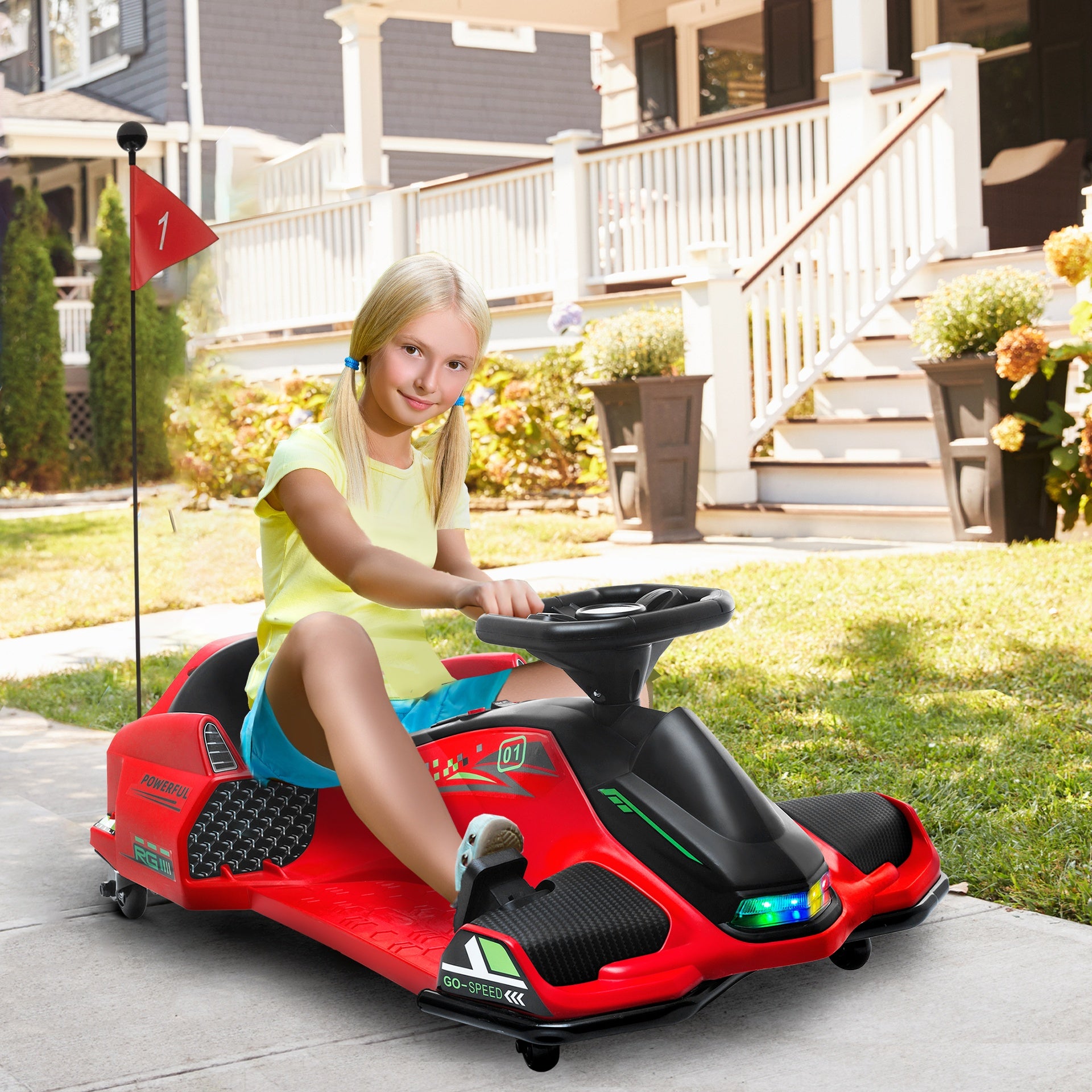 Aosom 12V Electric Drifting Go Kart w/ Slow Start, Music, Lights, Red