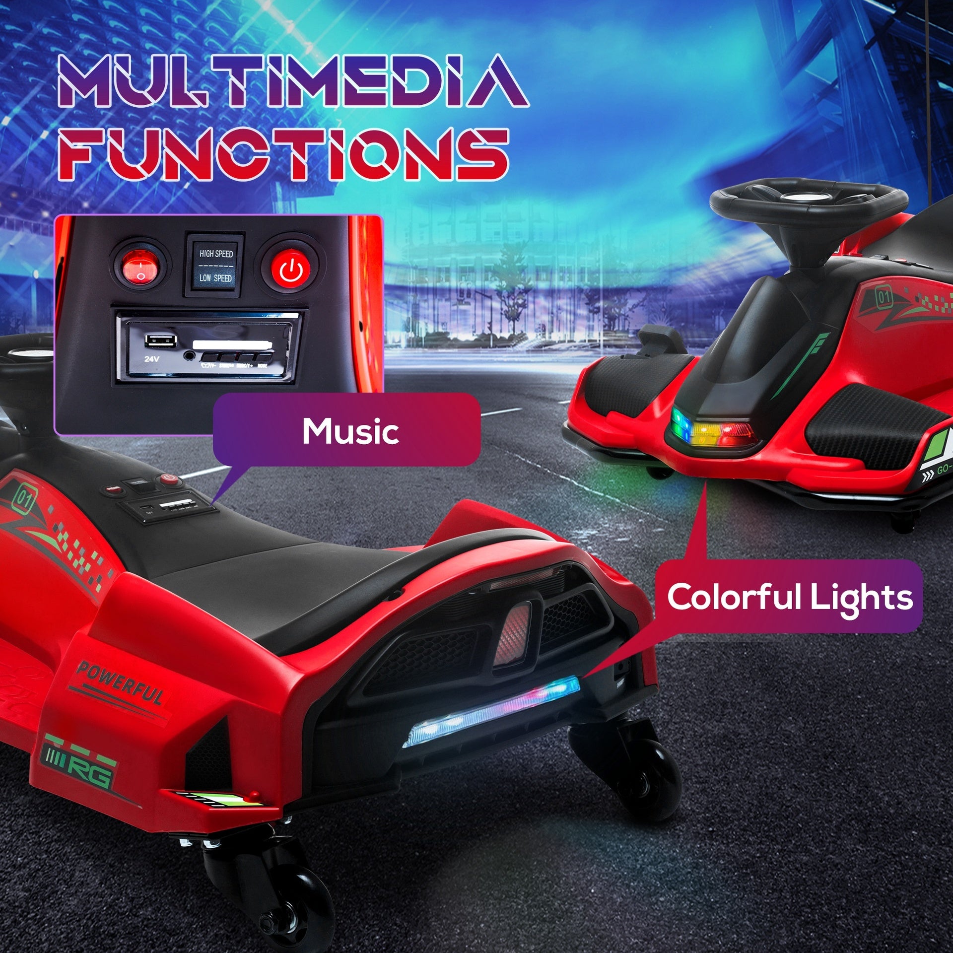 Aosom 12V Electric Drifting Go Kart w/ Slow Start, Music, Lights, Red