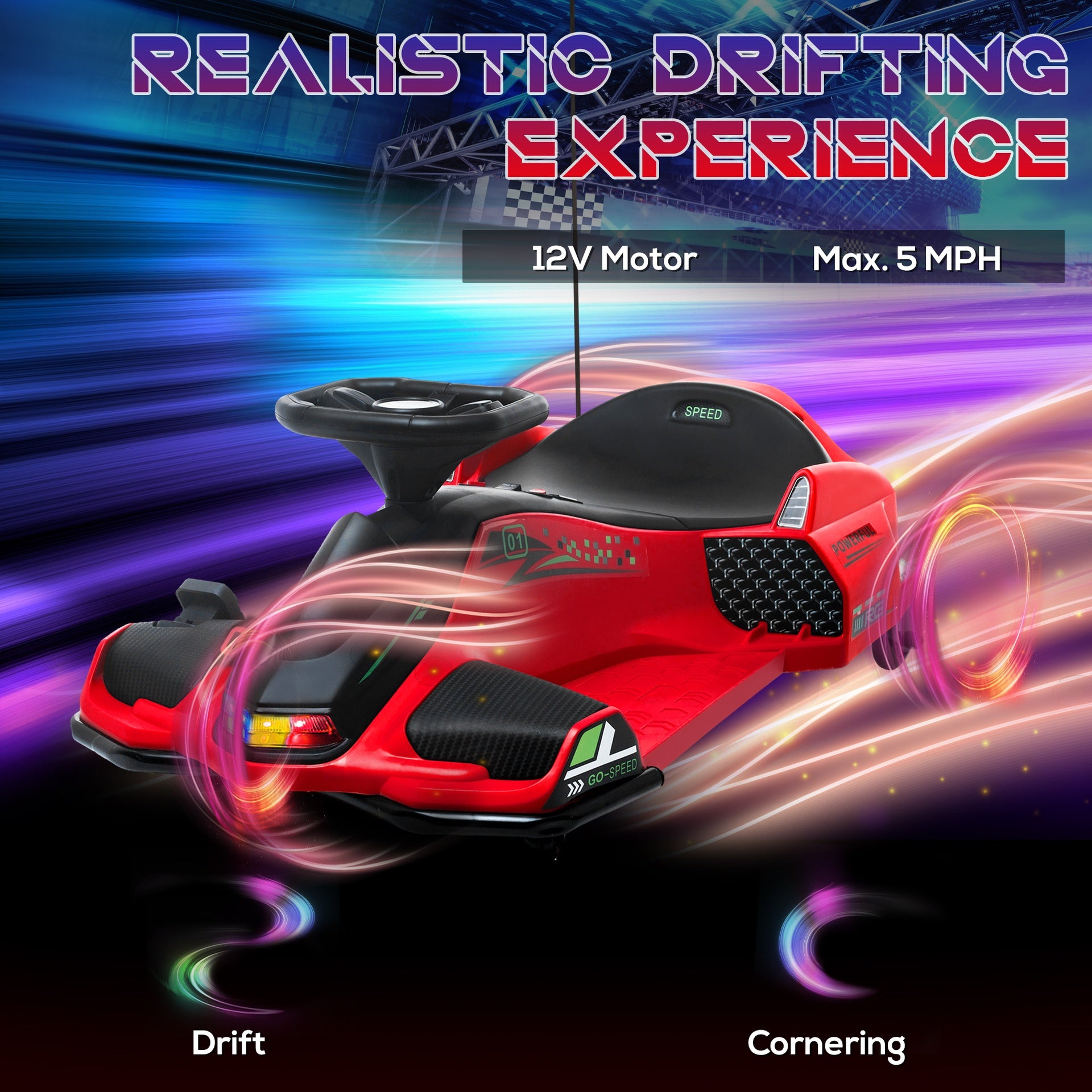 Aosom 12V Electric Drifting Go Kart w/ Slow Start, Music, Lights, Red