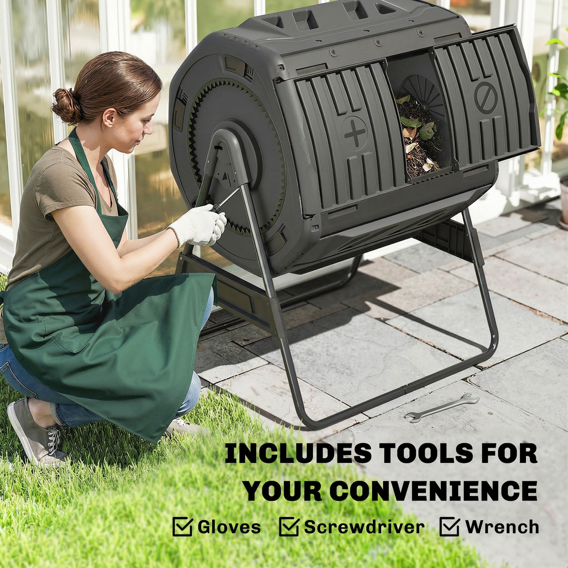 Outsunny Compost Bin Outdoor, 53 Gal Dual Chamber Tumbling Composter with Adjustable Vents, BPA Free Tumbling Composter, Black