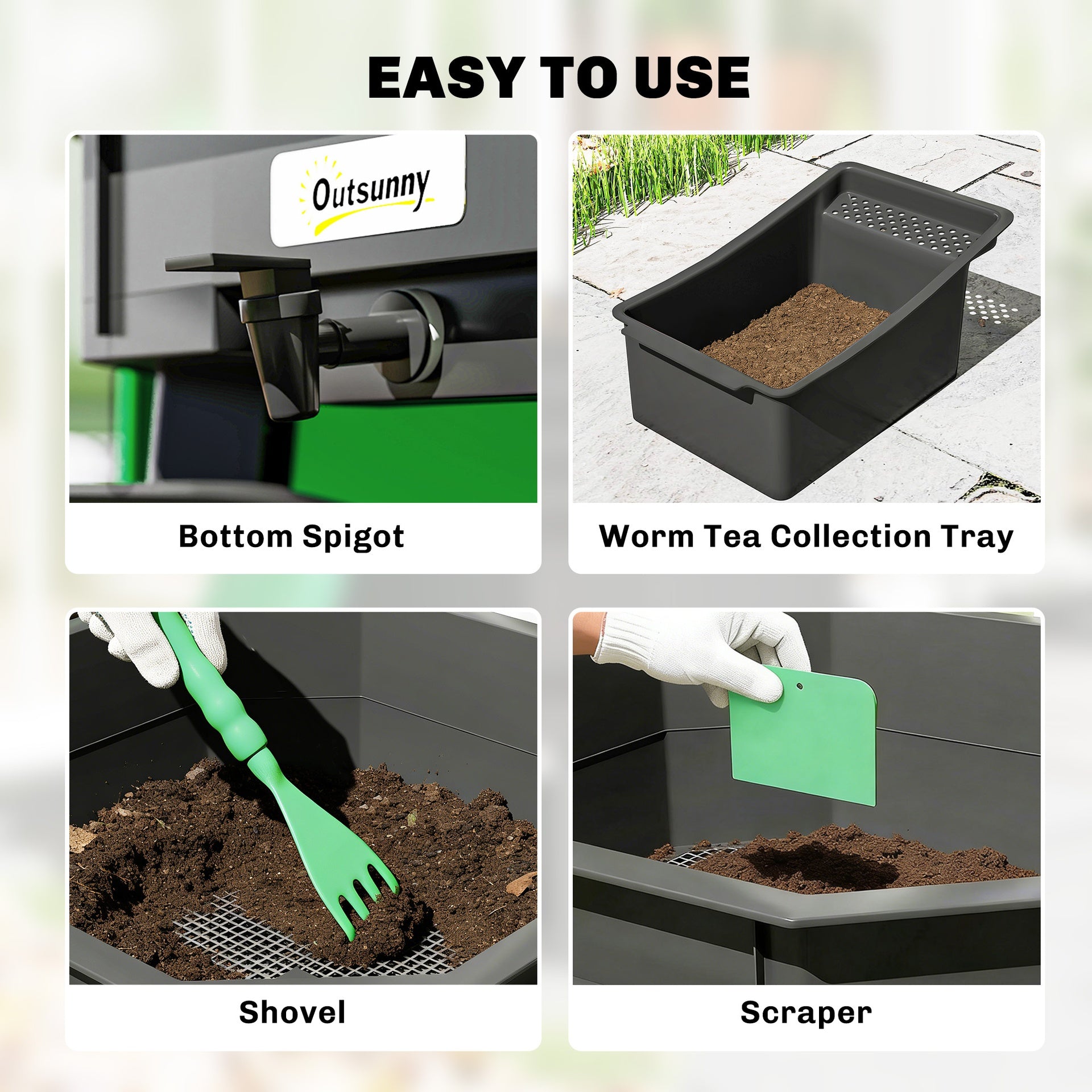 Outsunny 4-Tray Worm Composter Bin, 7.4 Gal Outdoor & Indoor Worm Composter for Recycling Food Waste, Dark Green