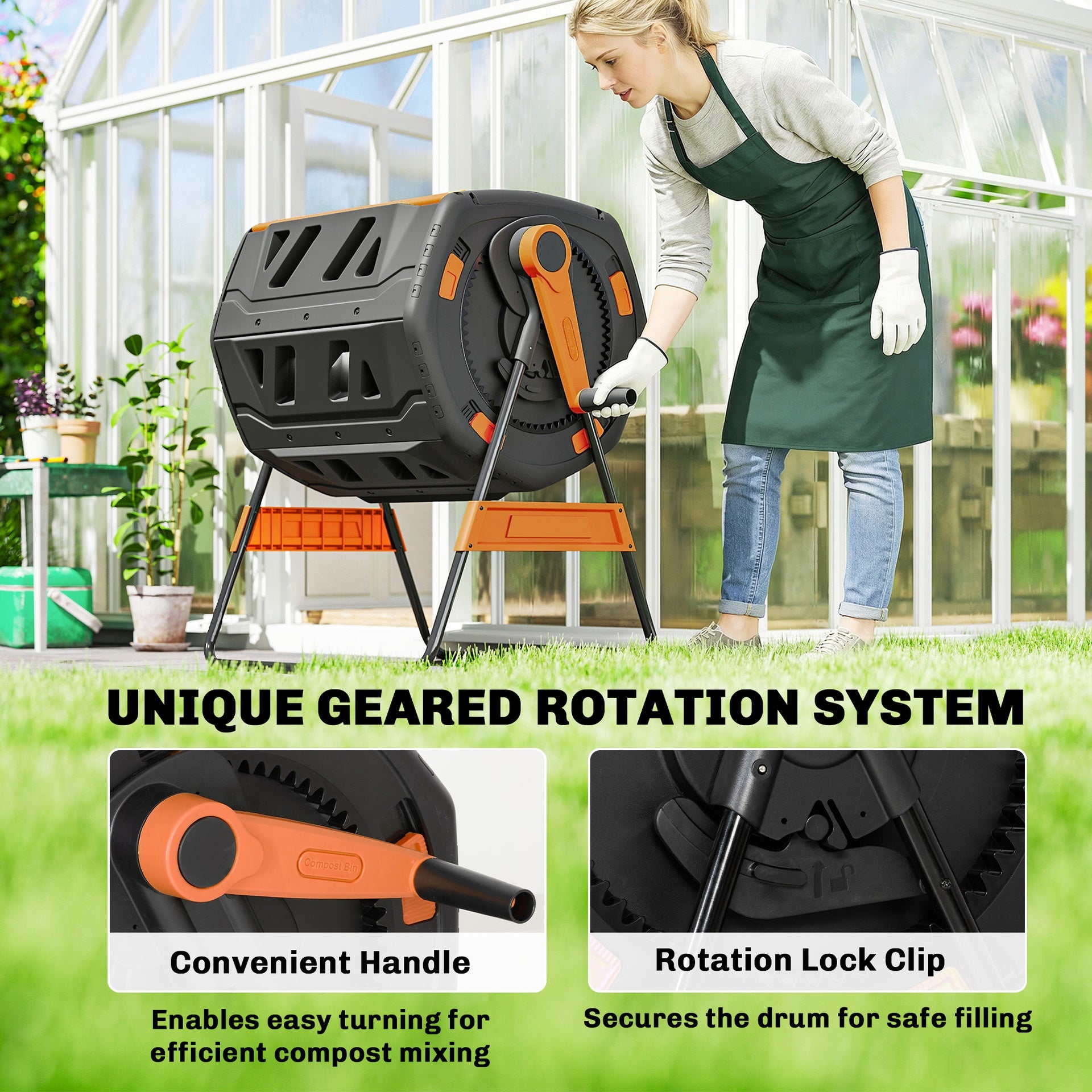 Outsunny Compost Bin Outdoor, 53 Gal Dual Chamber Tumbling Composter with Adjustable Vents, BPA Free Tumbling Composter, Orange