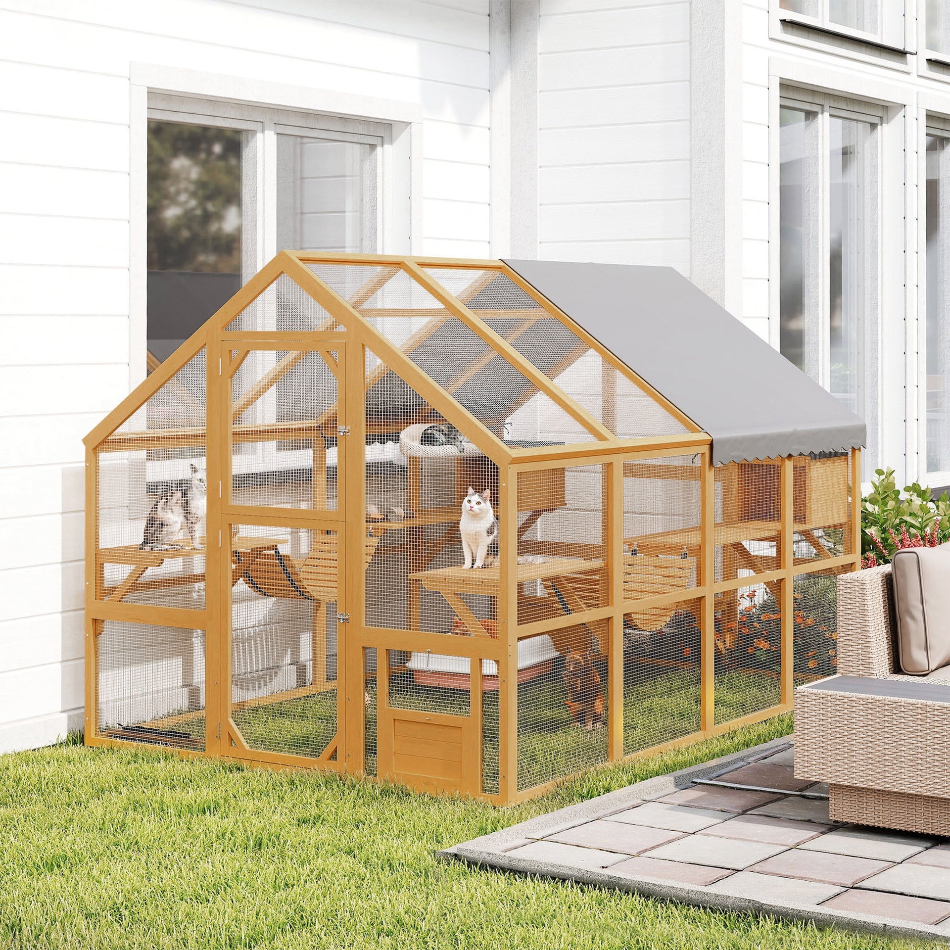 PawHut Wooden Catio Outdoor Cat Enclosure, Large Cat House with Waterproof Cover, 2 Condos, 6 Platforms, Bridge, Doors, Yellow