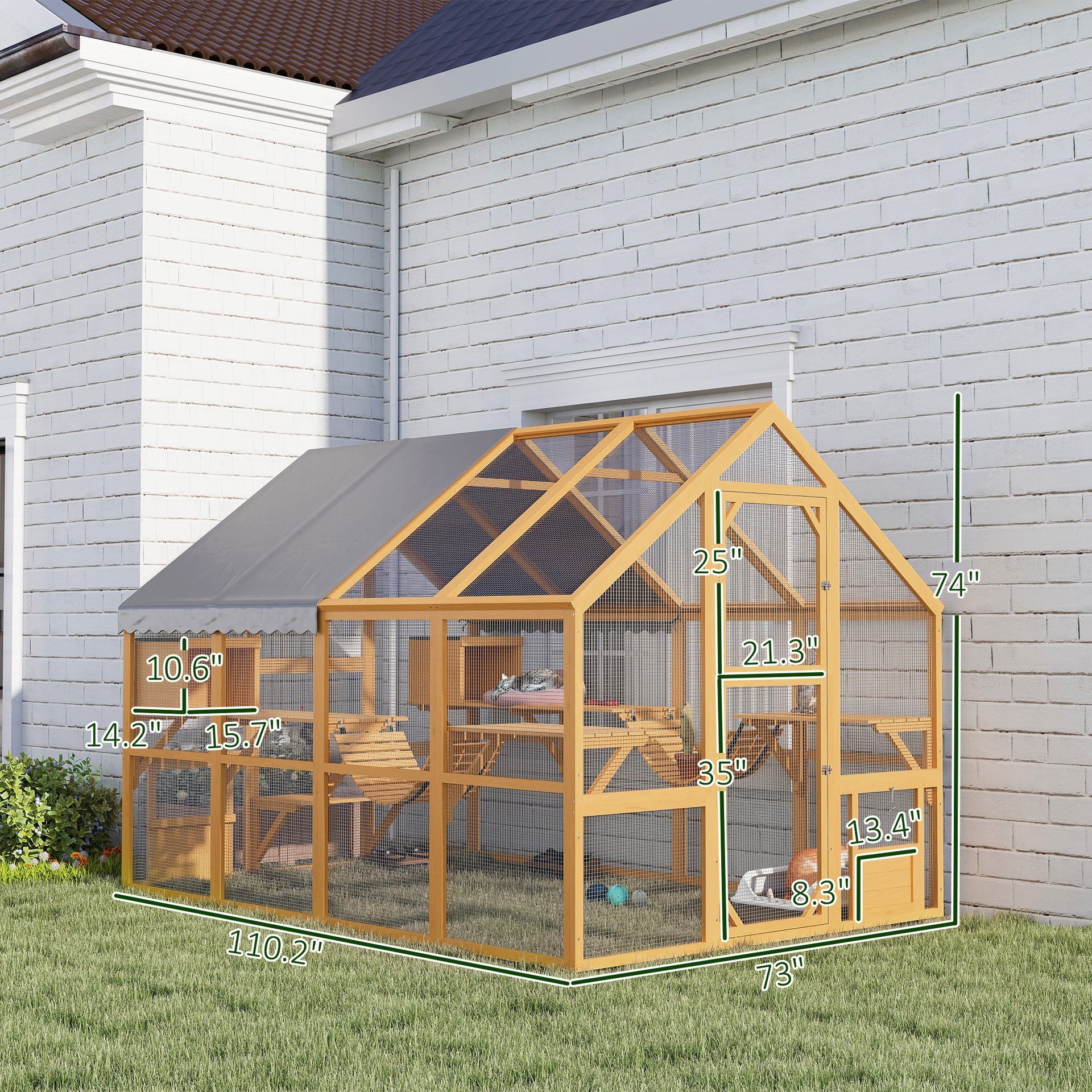 PawHut Wooden Catio Outdoor Cat Enclosure, Large Cat House with Waterproof Cover, 2 Condos, 6 Platforms, Bridge, Doors, Yellow