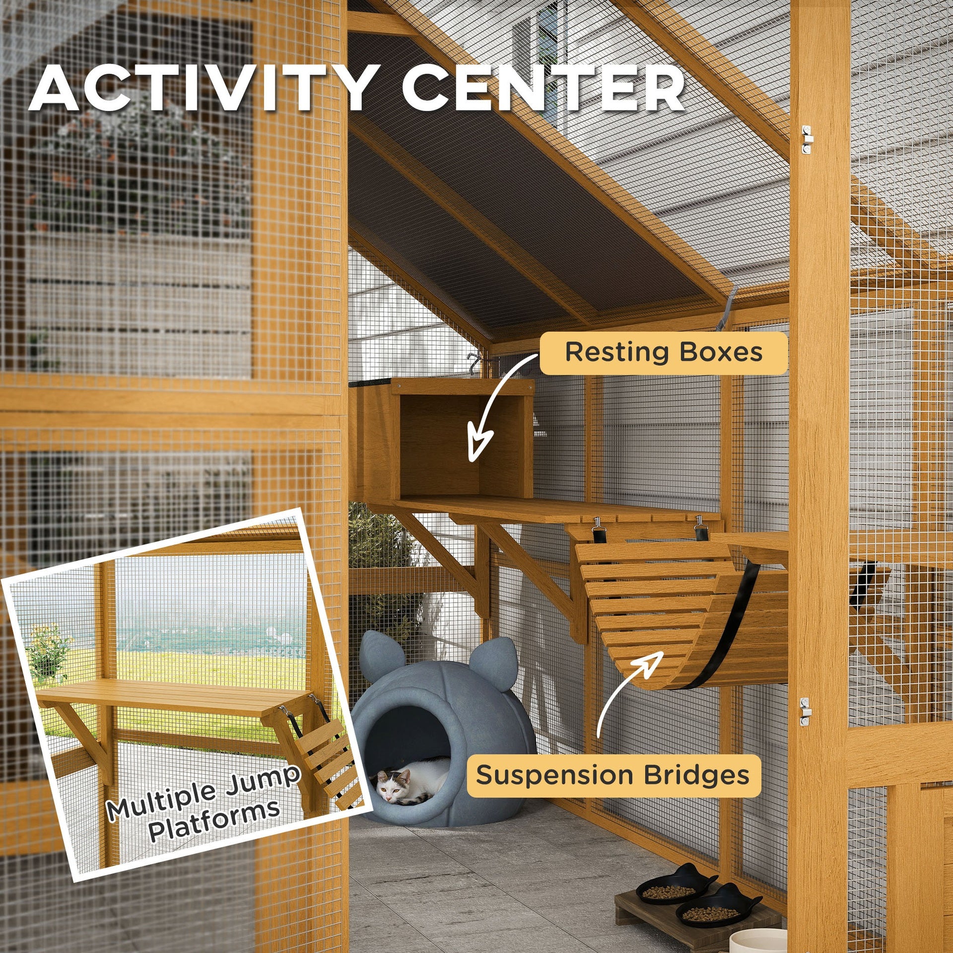 PawHut Wooden Catio Outdoor Cat Enclosure, Large Cat House with Waterproof Cover, 2 Condos, 6 Platforms, Bridge, Doors, Yellow