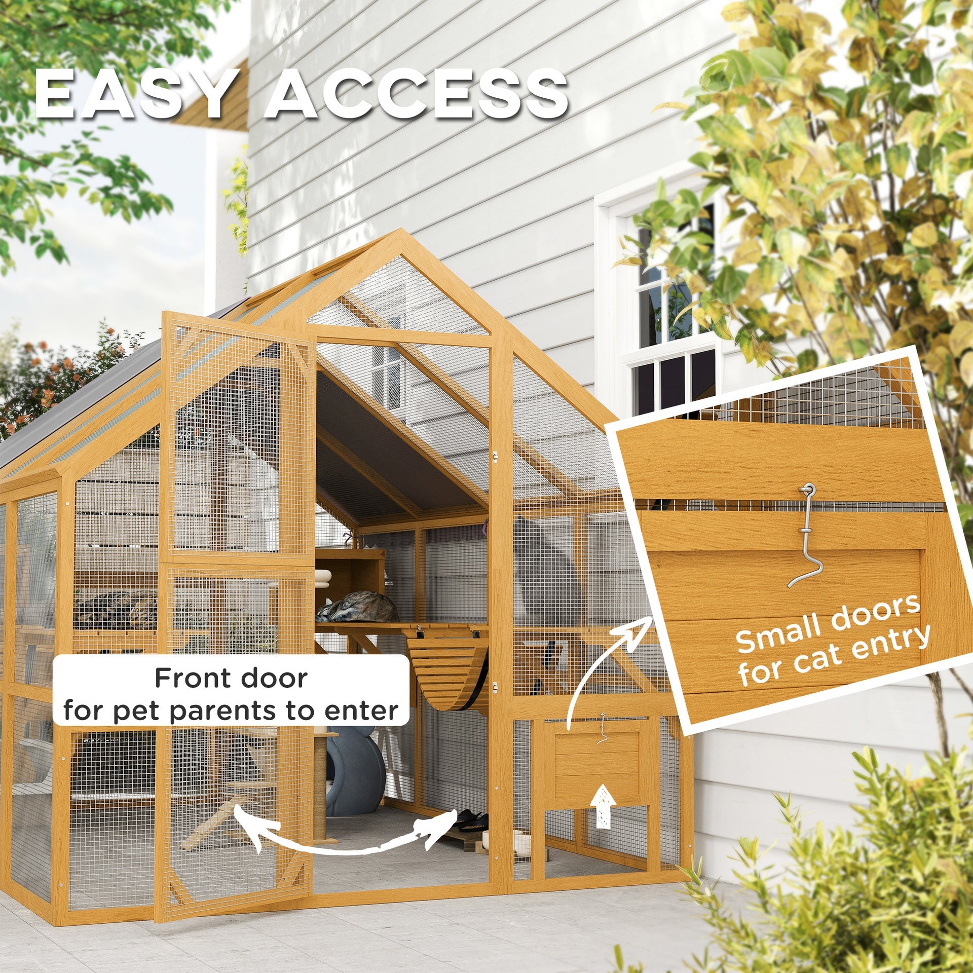PawHut Wooden Catio Outdoor Cat Enclosure, Large Cat House with Waterproof Cover, 2 Condos, 6 Platforms, Bridge, Doors, Yellow