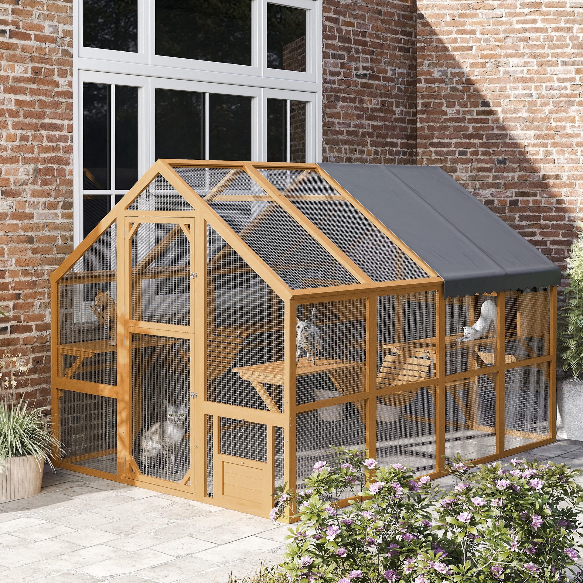 PawHut Wooden Catio Outdoor Cat Enclosure, Large Cat House with Waterproof Cover, 2 Condos, 6 Platforms, Bridge, Doors, Yellow