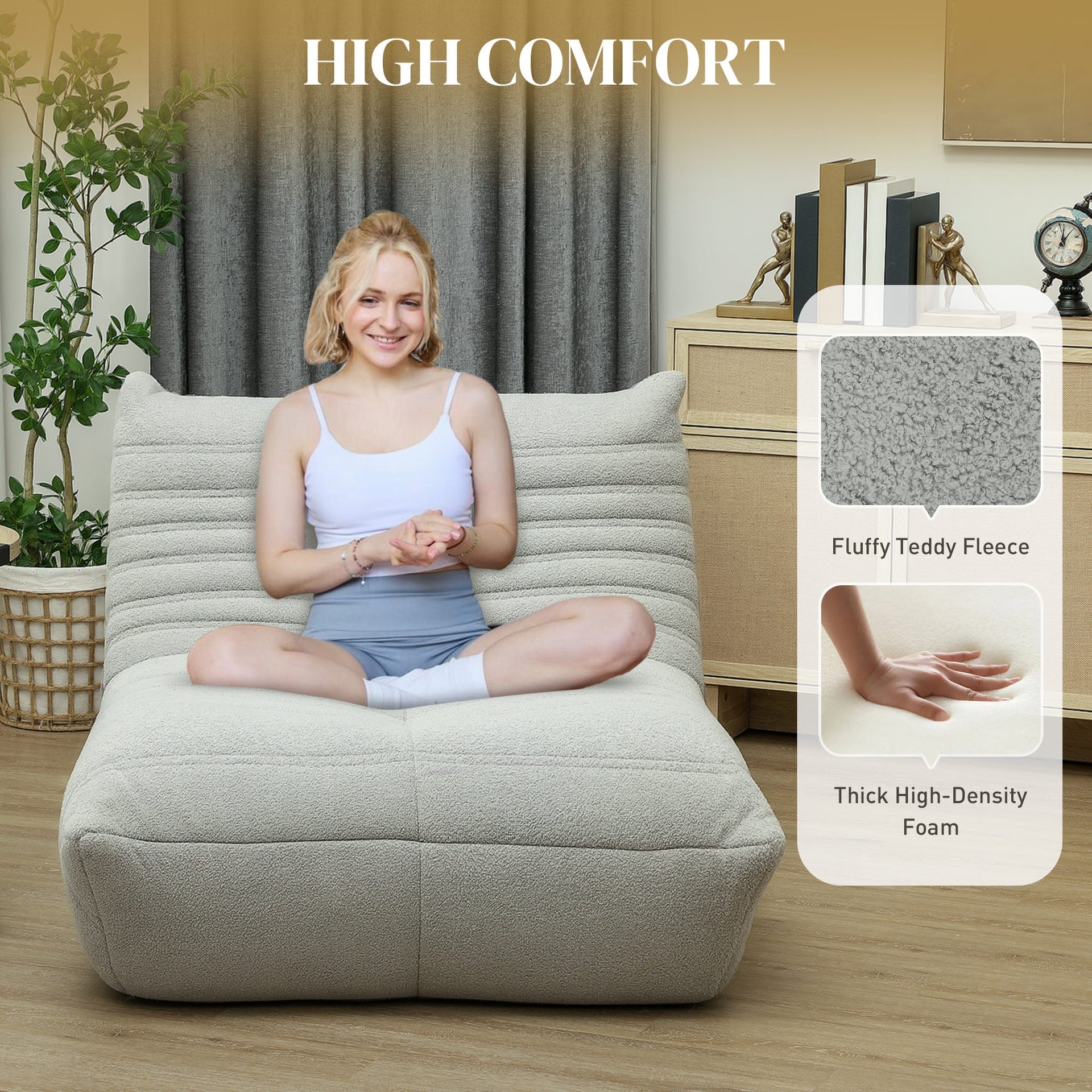 HOMCOM Bean Bag Chair for Adults, Giant Fireside Chair, Bean Bag Sofa with High Density Foam for Living Room, Light Gray