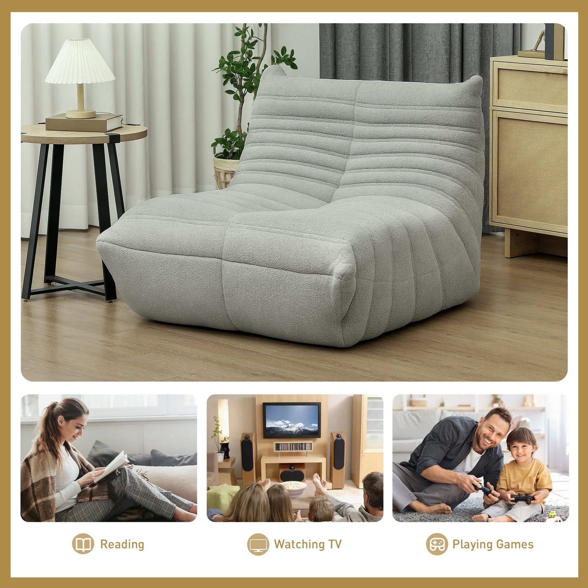 HOMCOM Bean Bag Chair for Adults, Giant Fireside Chair, Bean Bag Sofa with High Density Foam for Living Room, Light Gray