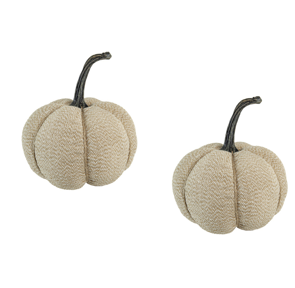 Set of 2, 6.7x6.7x7.8"H Fabric Weighted Pumpkin Natural Beige, Pumpkin Ornament Decor for Holiday Harvest Festival Fall Festival & Thanksgiving