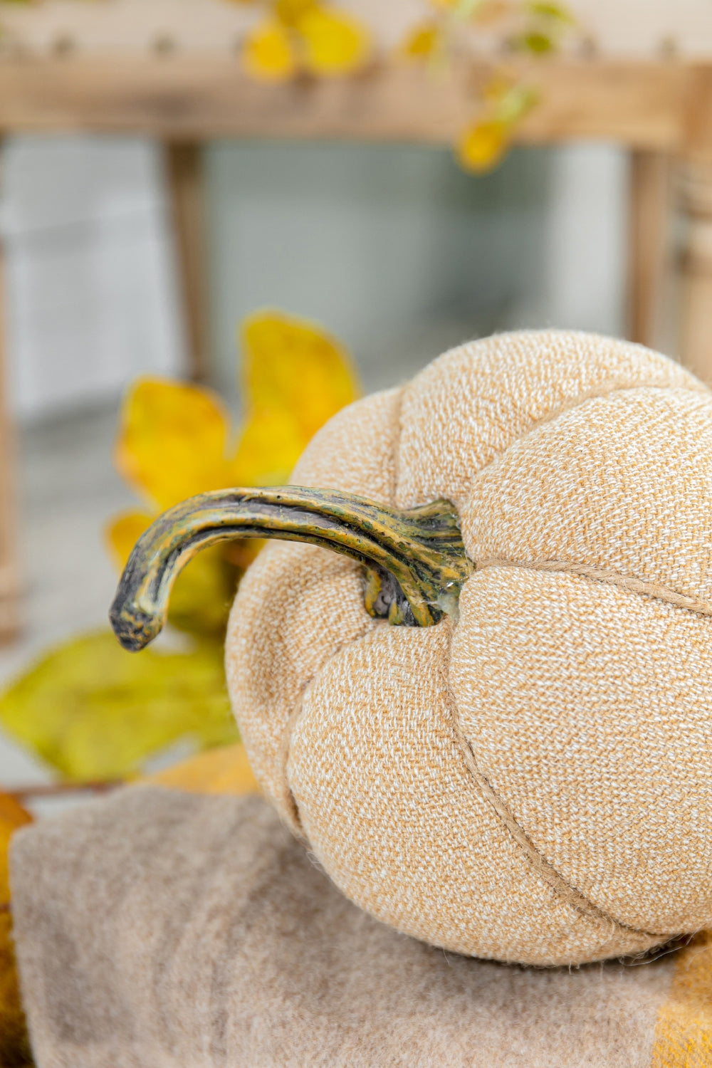 Set of 2, 6.7x6.7x7.8"H Fabric Weighted Pumpkin Natural Beige, Pumpkin Ornament Decor for Holiday Harvest Festival Fall Festival & Thanksgiving
