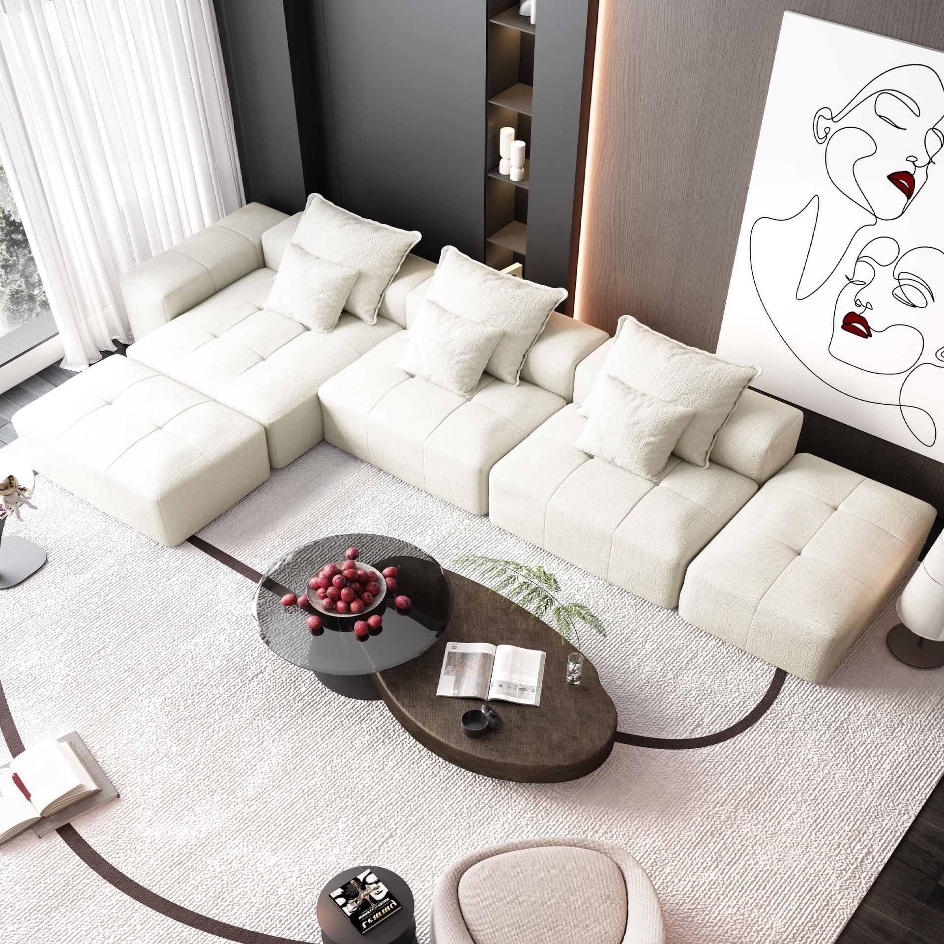 Modern Oversized Modular Sectional Sofa,Sparkling Chenille Fabric Soft Cushion Sofa with 6 Pillows,6 PCS DIY Combination Tufted Sofa,No Assembly Required,BEIGE/WHITE