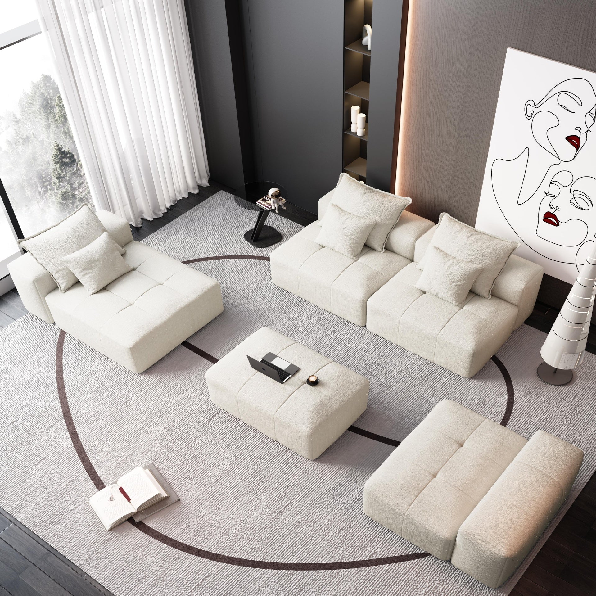 Modern Oversized Modular Sectional Sofa,Sparkling Chenille Fabric Soft Cushion Sofa with 6 Pillows,6 PCS DIY Combination Tufted Sofa,No Assembly Required,BEIGE/WHITE