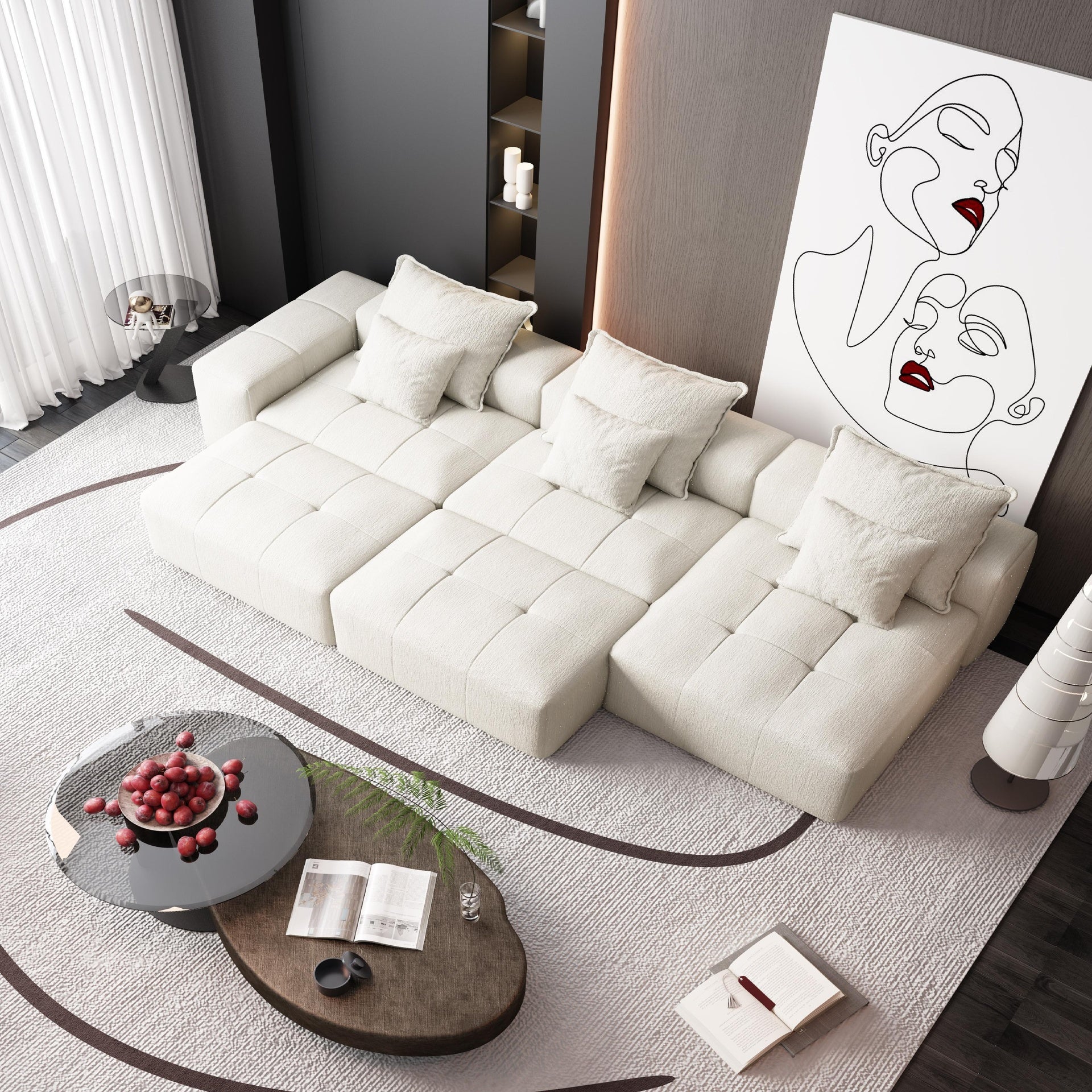 Modern Oversized Modular Sectional Sofa,Sparkling Chenille Fabric Soft Cushion Sofa with 6 Pillows,6 PCS DIY Combination Tufted Sofa,No Assembly Required,BEIGE/WHITE