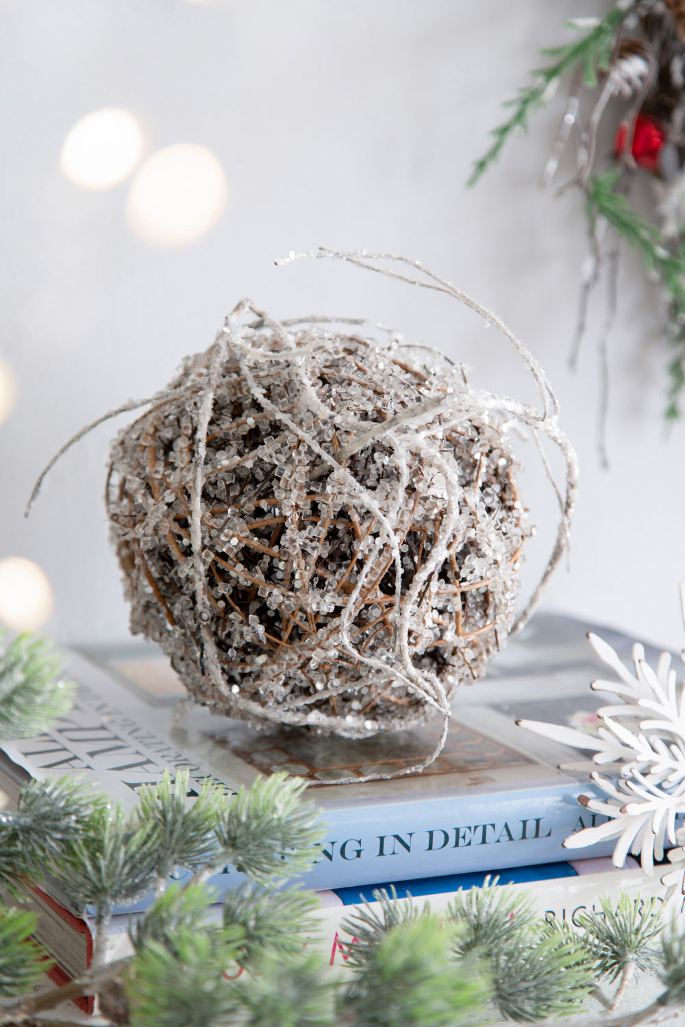 D6" Iced Twig Ball, Decorative Hanging Ball Christmas Tree Ornaments for Holiday Party Decorations, Set of 4