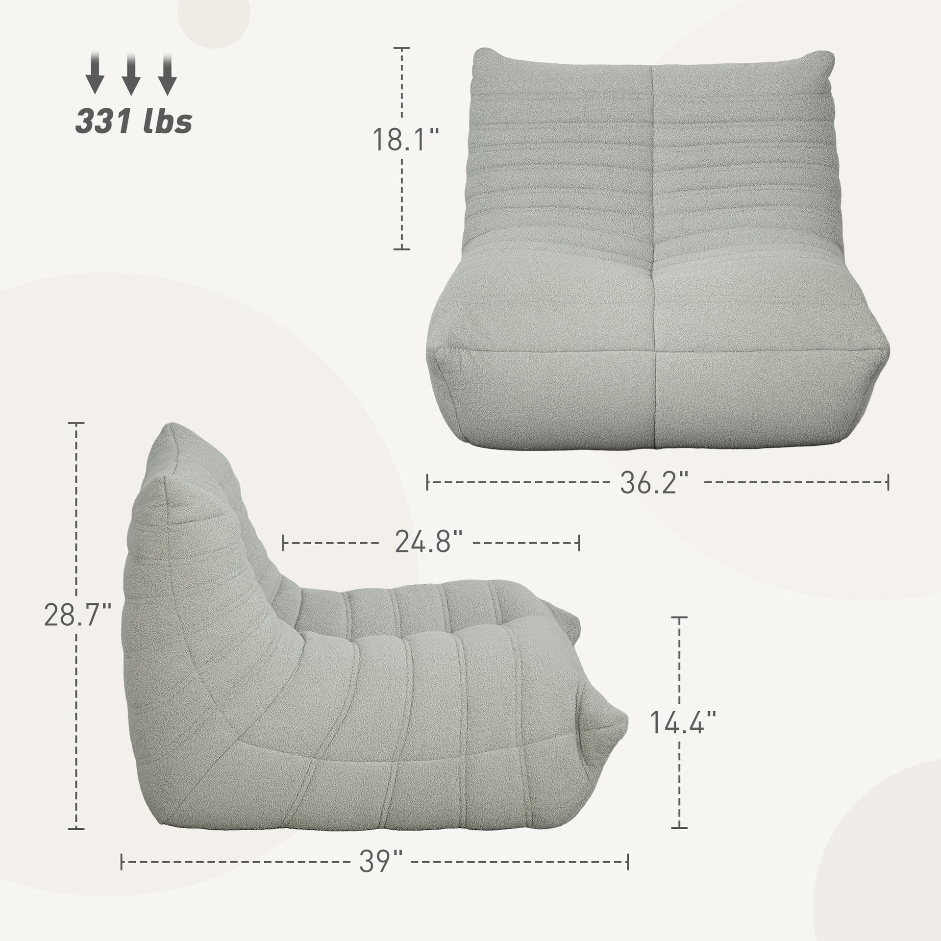 Bean Bag Chair ,  Bean Bag Sofa with High Density Foam for bedroom, Light Gray