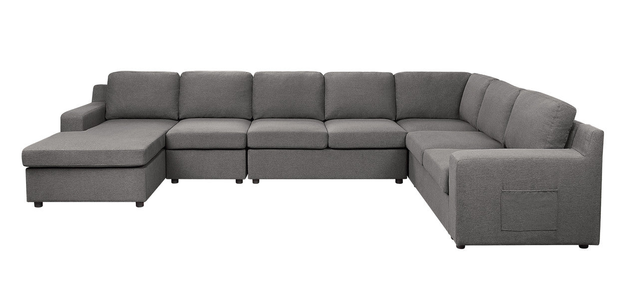 Walfredo 145.5"W Gray Linen 7-Seater U-Shape Sectional Sofa Chaise with Pocket