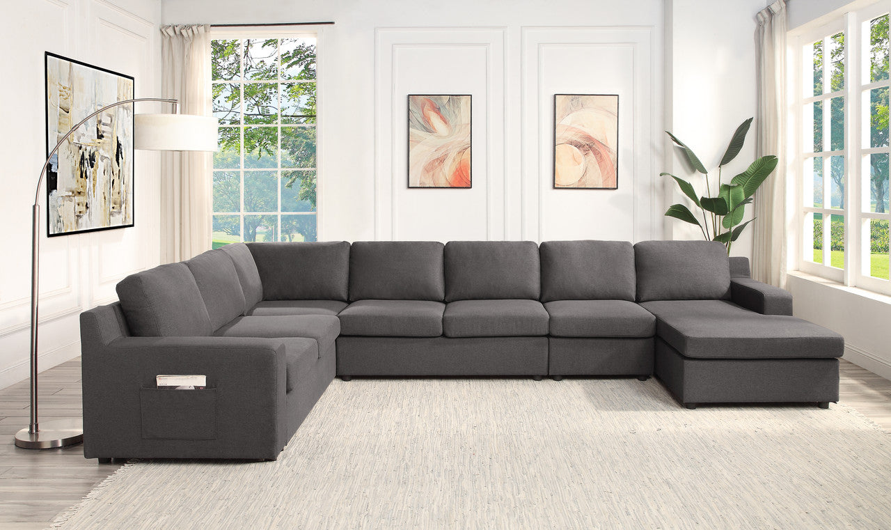 Walfredo 145.5"W Gray Linen 7-Seater U-Shape Sectional Sofa Chaise with Pocket