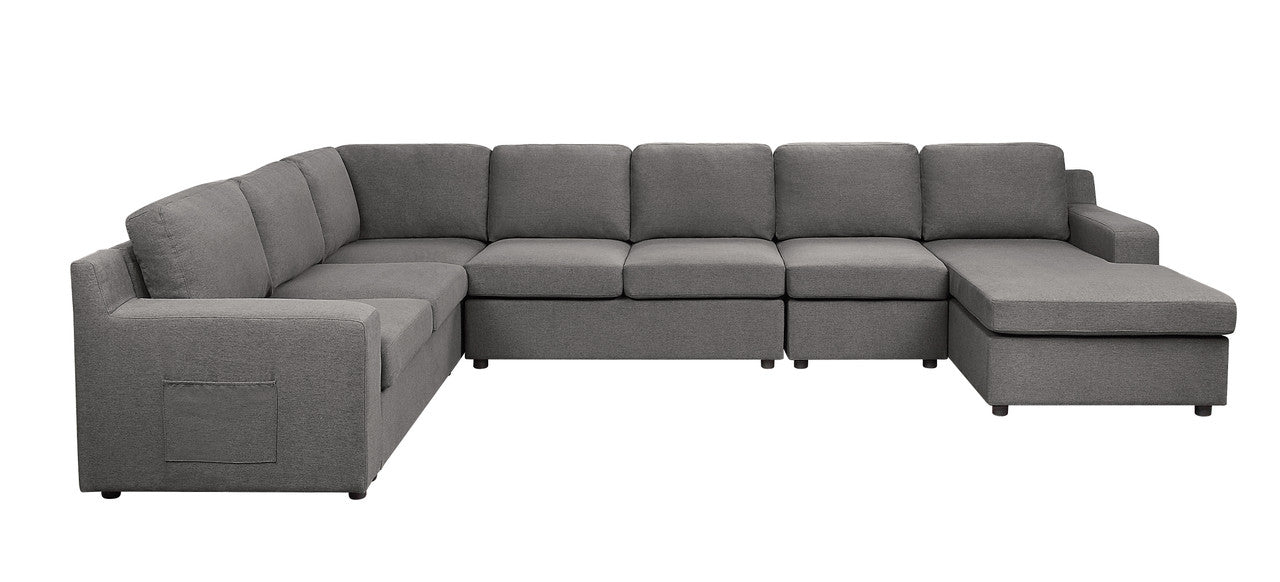 Walfredo 145.5"W Gray Linen 7-Seater U-Shape Sectional Sofa Chaise with Pocket