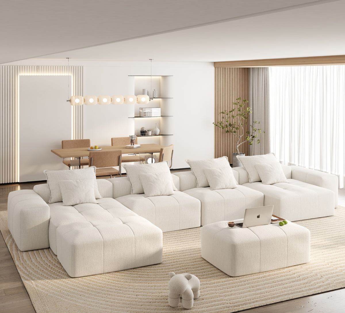 Modern Oversized Modular Sectional Sofa,Sparkling Chenille Fabric Soft Cushion Sofa with 8 Pillows,8 PCS DIY Combination Tufted Sofa,No Assembly Required,BEIGE/WHITE