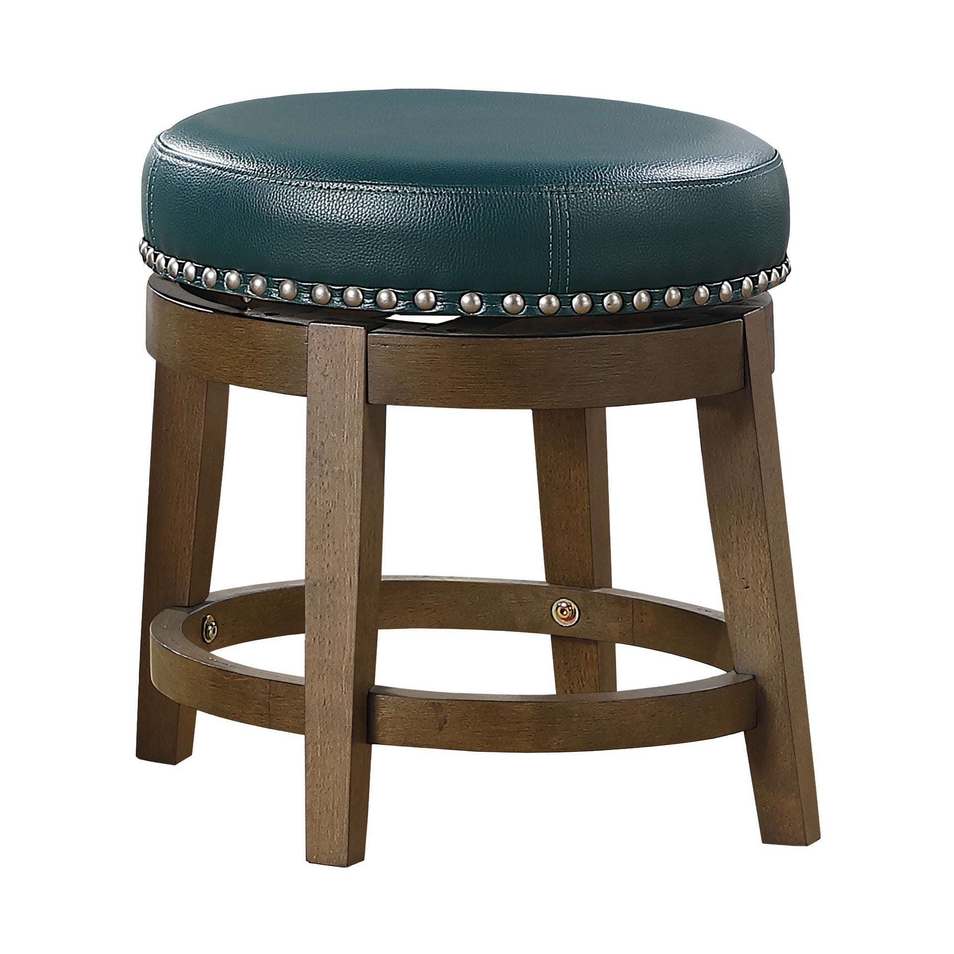 Round Swivel Stools Set of 2, Green Faux Leather 360-degree Swivel Seat Nailhead Trim Solid Wood Frame Brown Finish Furniture
