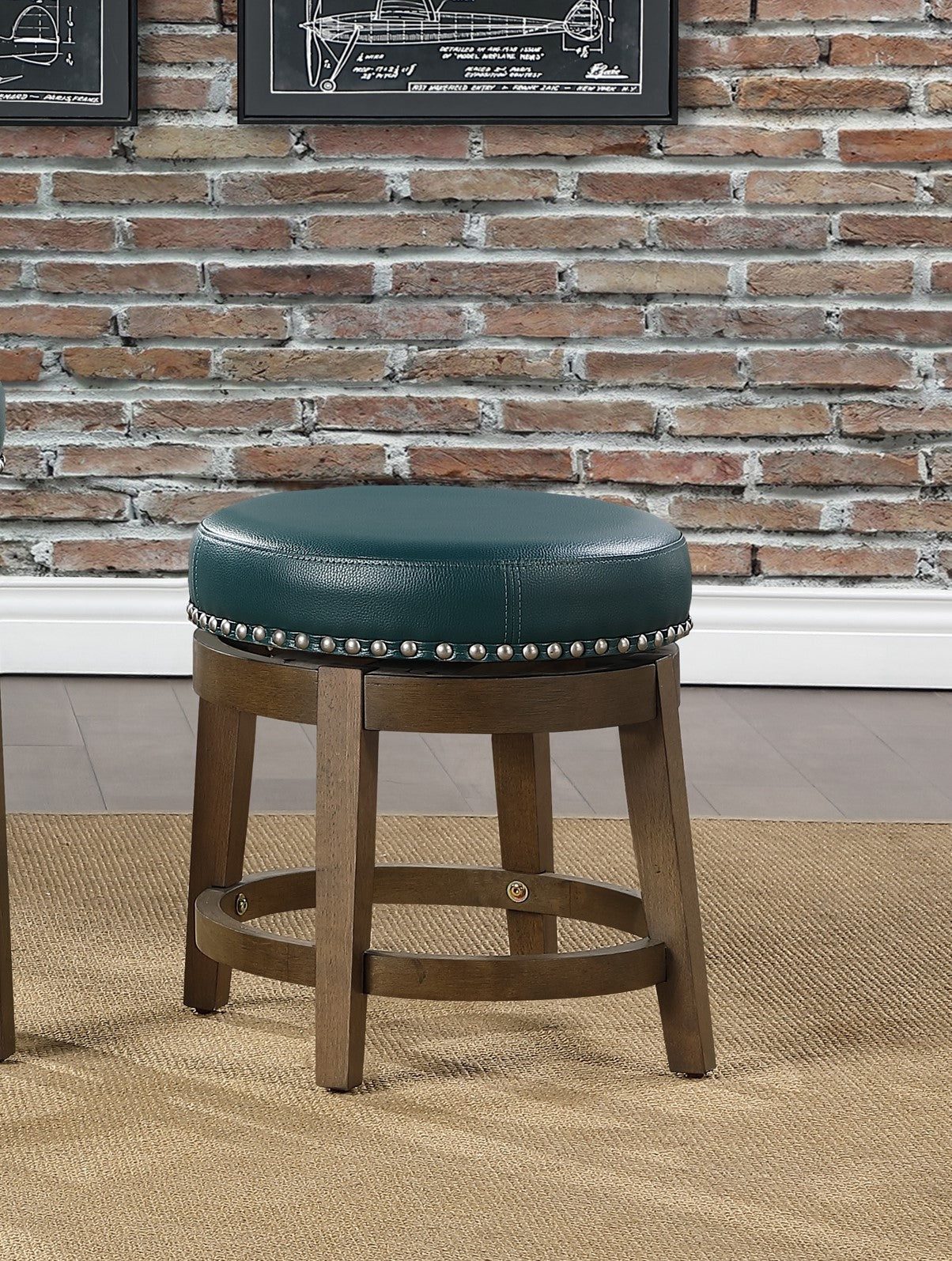 Round Swivel Stools Set of 2, Green Faux Leather 360-degree Swivel Seat Nailhead Trim Solid Wood Frame Brown Finish Furniture