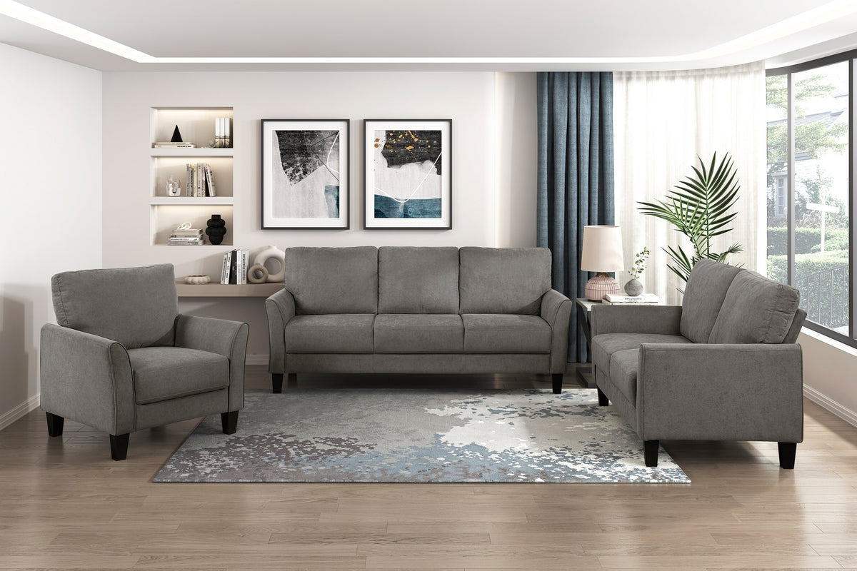 Modern Contemporary Sofa Set 3pc Brown Gray Upholstered Sofa Loveseat Chair Plush Seat Comfort Durable Solid Wood Living Room Furniture