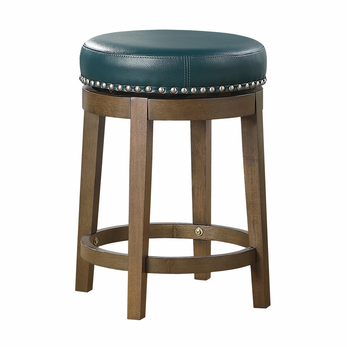 Round Swivel Counter Height Stools Set of 2, Green Faux Leather 360-degree Swivel Seat Nailhead Trim Solid Wood Frame Brown Finish Furniture