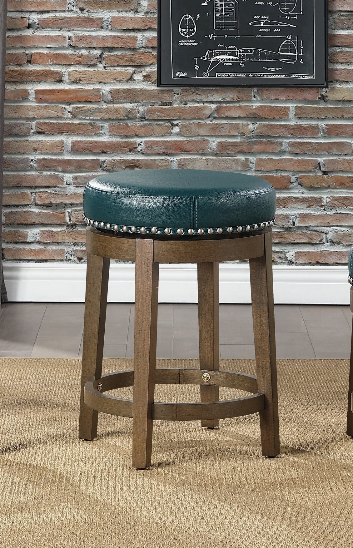 Round Swivel Counter Height Stools Set of 2, Green Faux Leather 360-degree Swivel Seat Nailhead Trim Solid Wood Frame Brown Finish Furniture