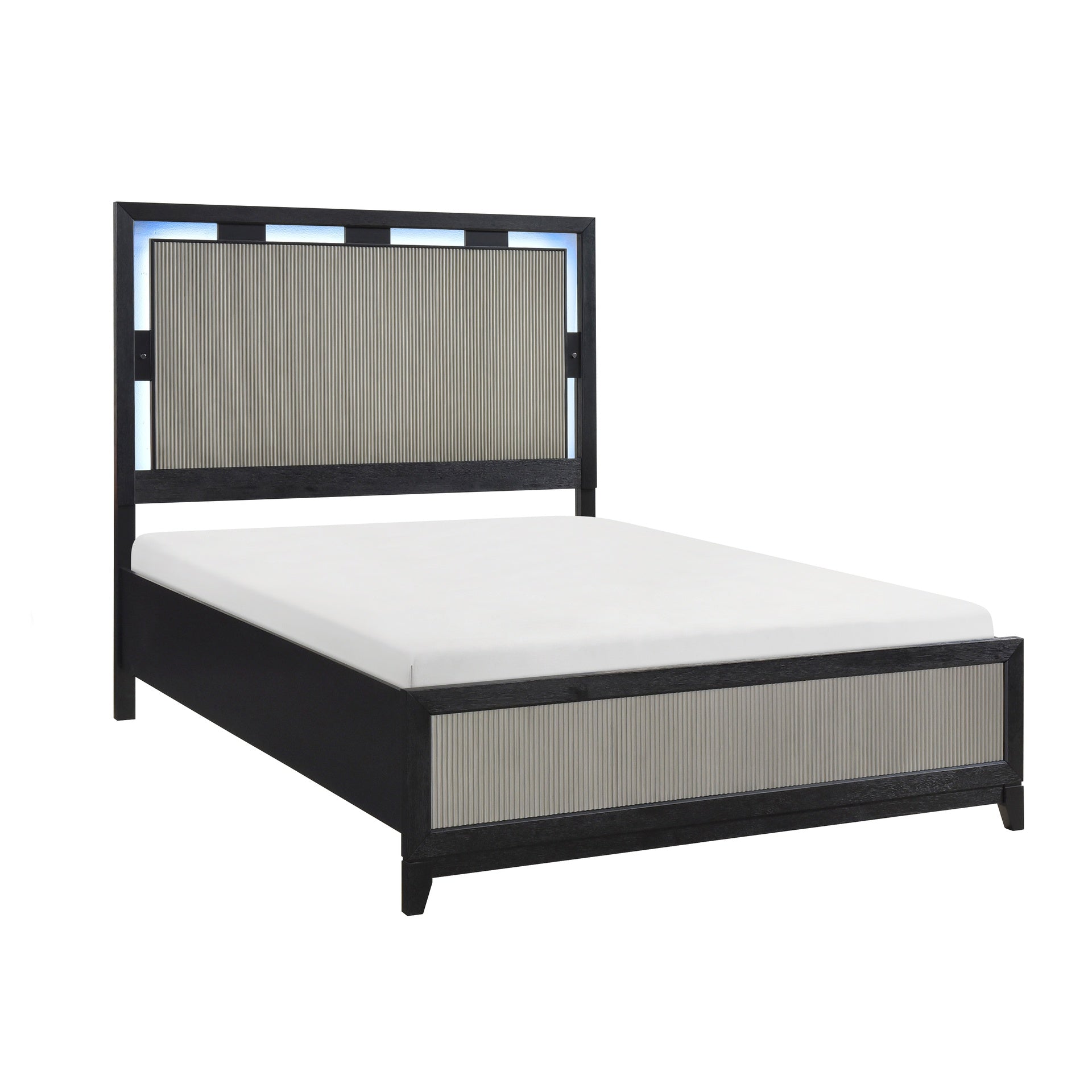 Contemporary Charcoal Gray Finish California King Size Bed Integrated LED Backlighting Solid Wood Bedroom Furniture 1pc Reeded Panels
