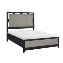 Contemporary Charcoal Gray Finish California King Size Bed Integrated LED Backlighting Solid Wood Bedroom Furniture 1pc Reeded Panels