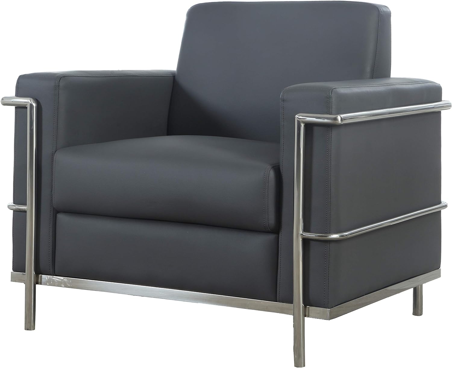 Executive Faux Leather Accent Club Chair, Chrome Metal Frame Soft Upholstered Living Room Armchair, Light Gray