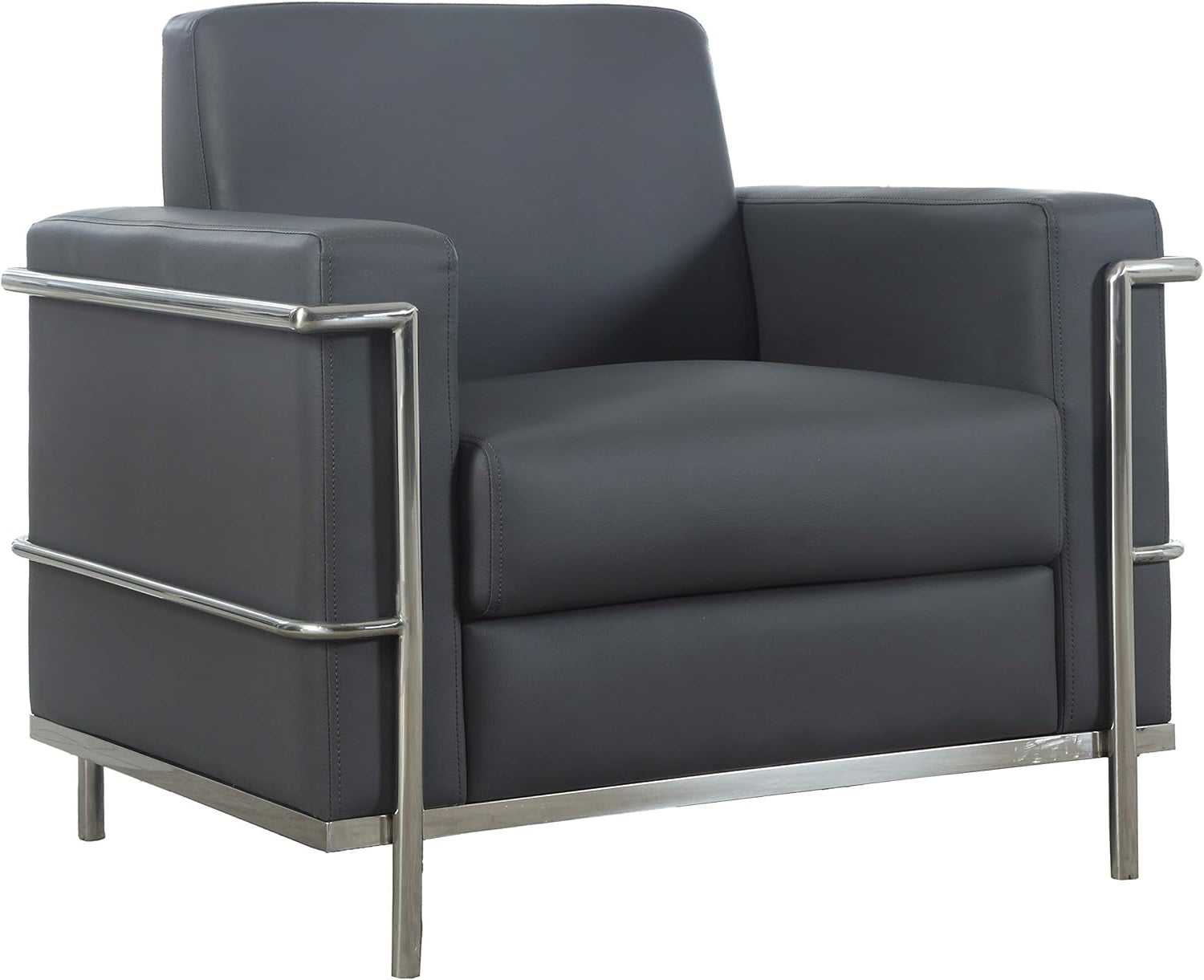 Executive Faux Leather Accent Club Chair, Chrome Metal Frame Soft Upholstered Living Room Armchair, Light Gray