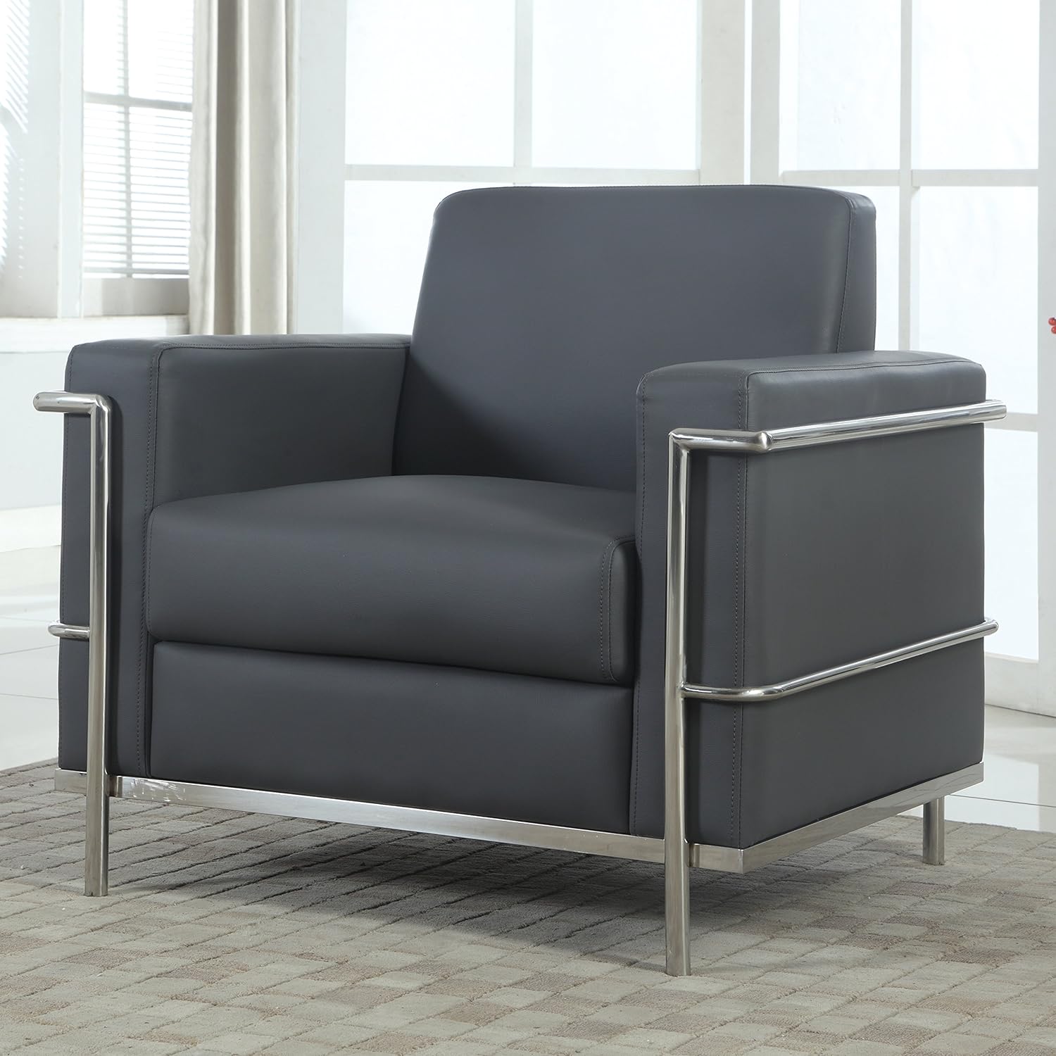 Executive Faux Leather Accent Club Chair, Chrome Metal Frame Soft Upholstered Living Room Armchair, Light Gray