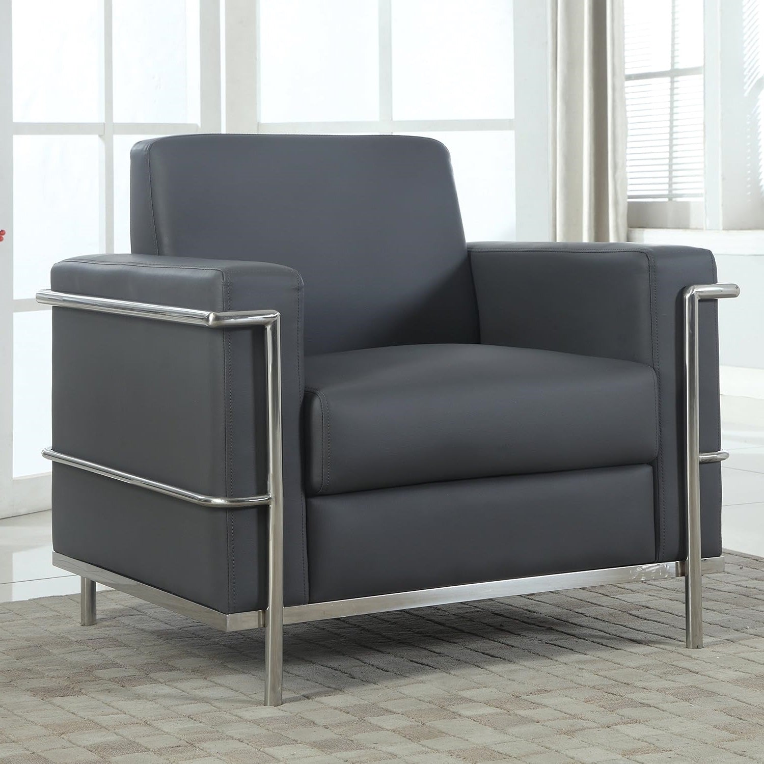 Executive Faux Leather Accent Club Chair, Chrome Metal Frame Soft Upholstered Living Room Armchair, Light Gray