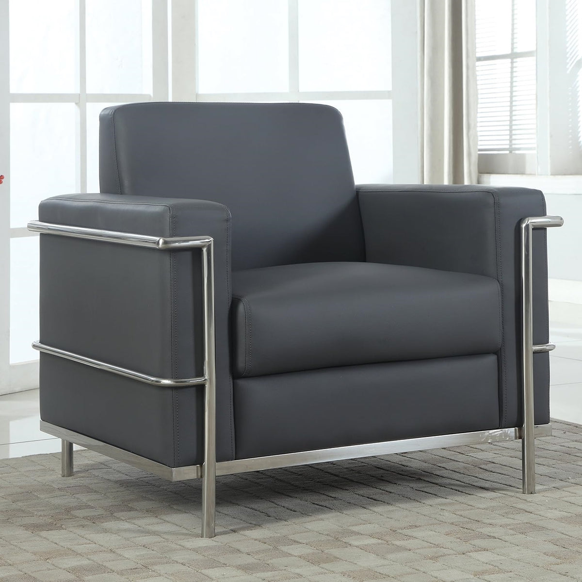 Executive Faux Leather Accent Club Chair, Chrome Metal Frame Soft Upholstered Living Room Armchair, Light Gray