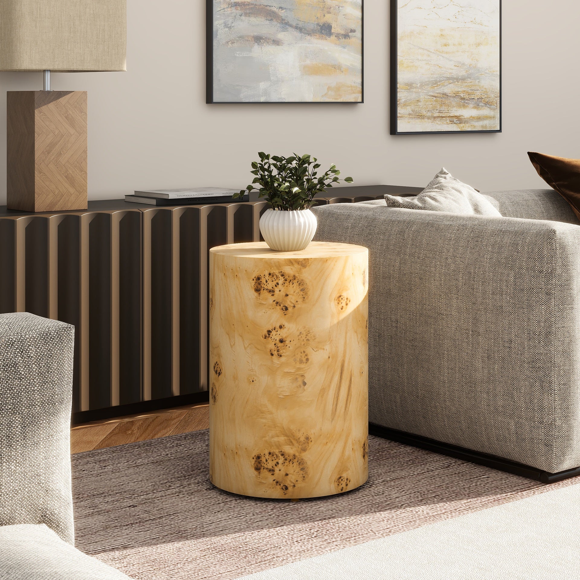 Nebula 22" Accent Pillar Side Table Warm Natural Brown Burl Wood