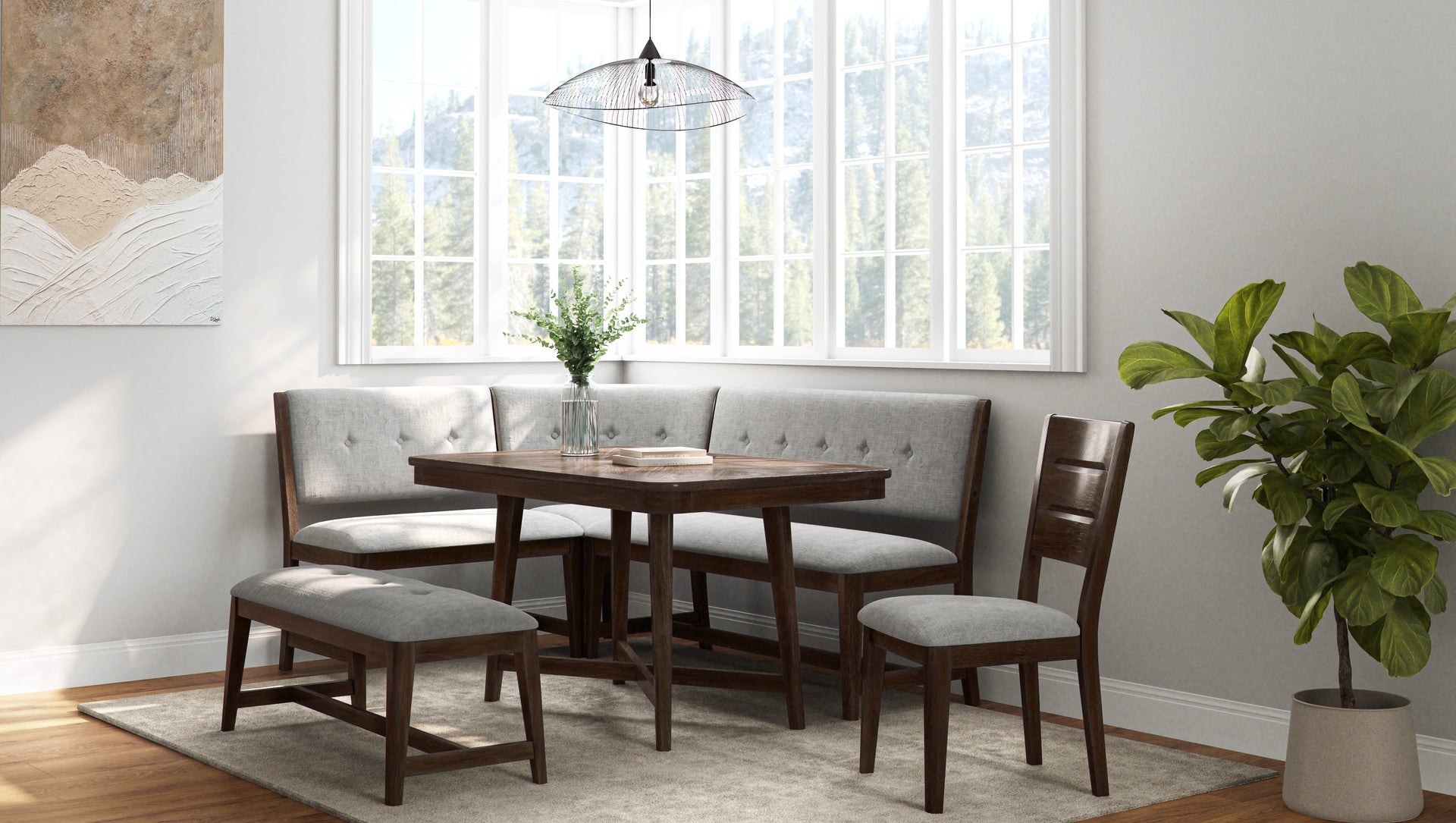 Cherry Table with Curved Bench, Backless Bench and 2 Side Chairs