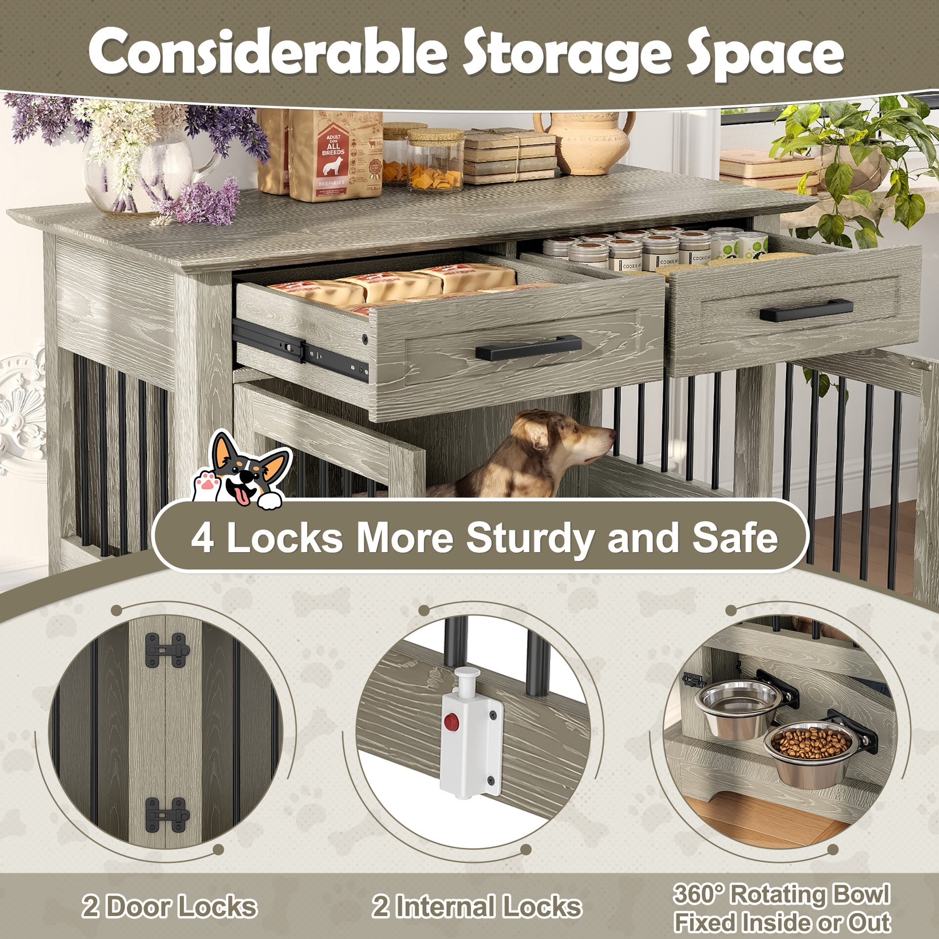 44.48" Large Dog Crate Furniture, Indoor Wooden Dog Kennel End Table with 2 Storage Drawers and Rotating Bowls, Decorative Pet Cage Dog House for Medium Dogs, Gray