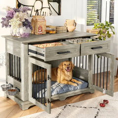 44.48" Large Dog Crate Furniture, Indoor Wooden Dog Kennel End Table with 2 Storage Drawers and Rotating Bowls, Decorative Pet Cage Dog House for Medium Dogs, Gray