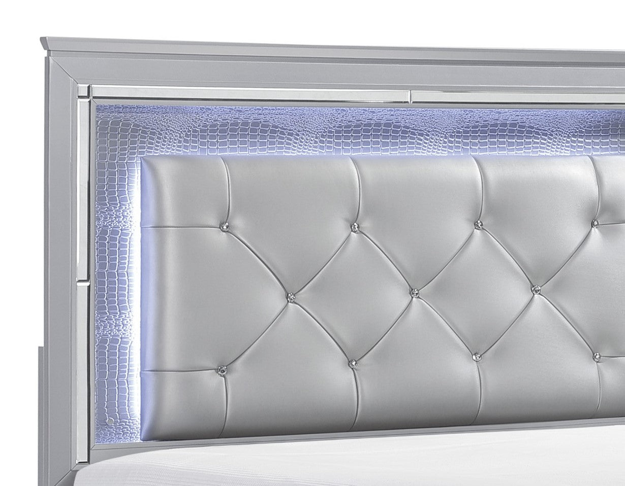 Glam Silver Finish King Size Bed LED Headboard Upholstered Faux Alligator Panels Wooden Bedroom Furniture 1pc