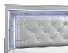 Glam Silver Finish King Size Bed LED Headboard Upholstered Faux Alligator Panels Wooden Bedroom Furniture 1pc