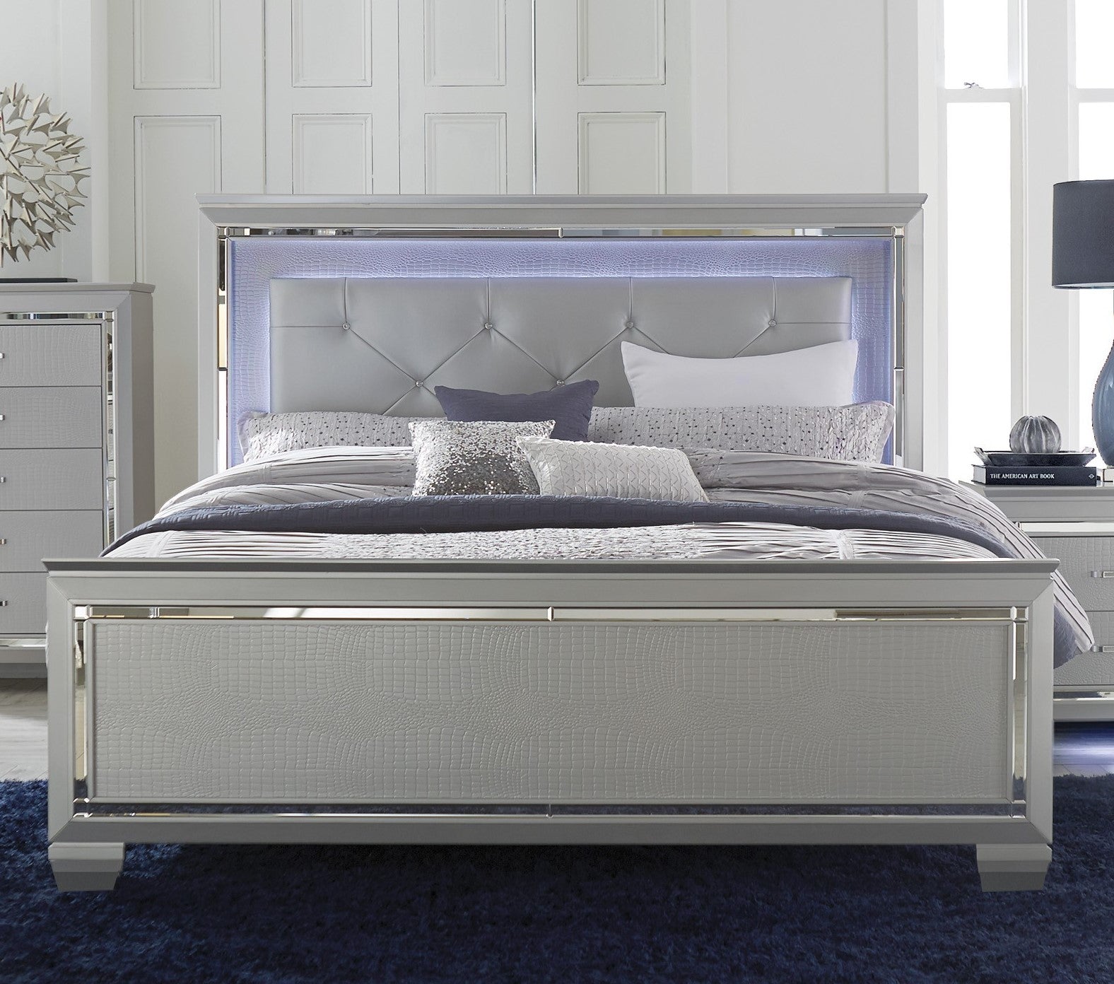 Glam Silver Finish King Size Bed LED Headboard Upholstered Faux Alligator Panels Wooden Bedroom Furniture 1pc