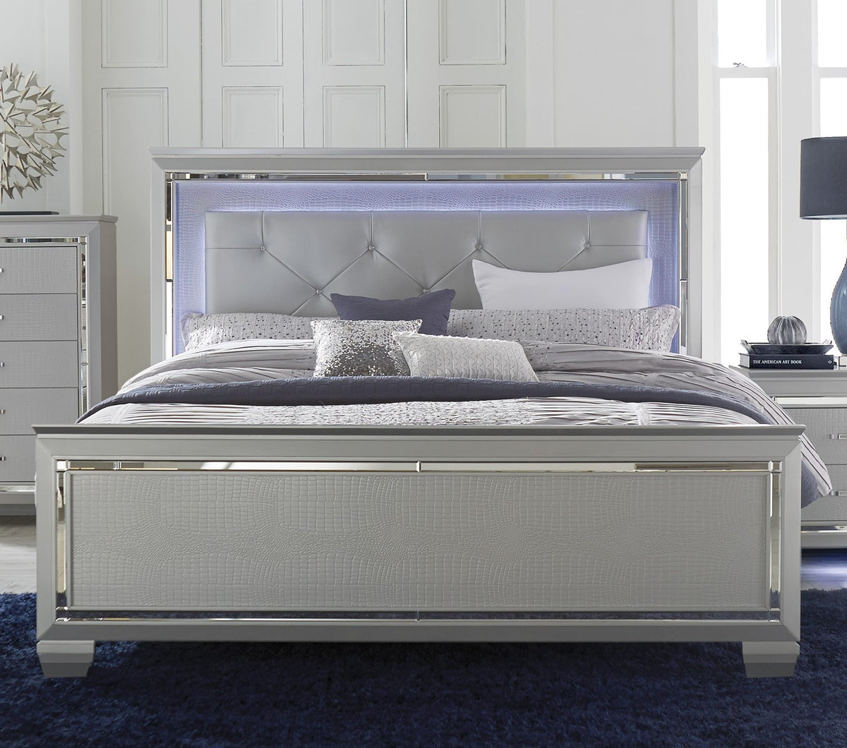 Glam Silver Finish King Size Bed LED Headboard Upholstered Faux Alligator Panels Wooden Bedroom Furniture 1pc