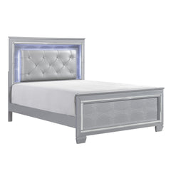 Glam Silver Finish King Size Bed LED Headboard Upholstered Faux Alligator Panels Wooden Bedroom Furniture 1pc
