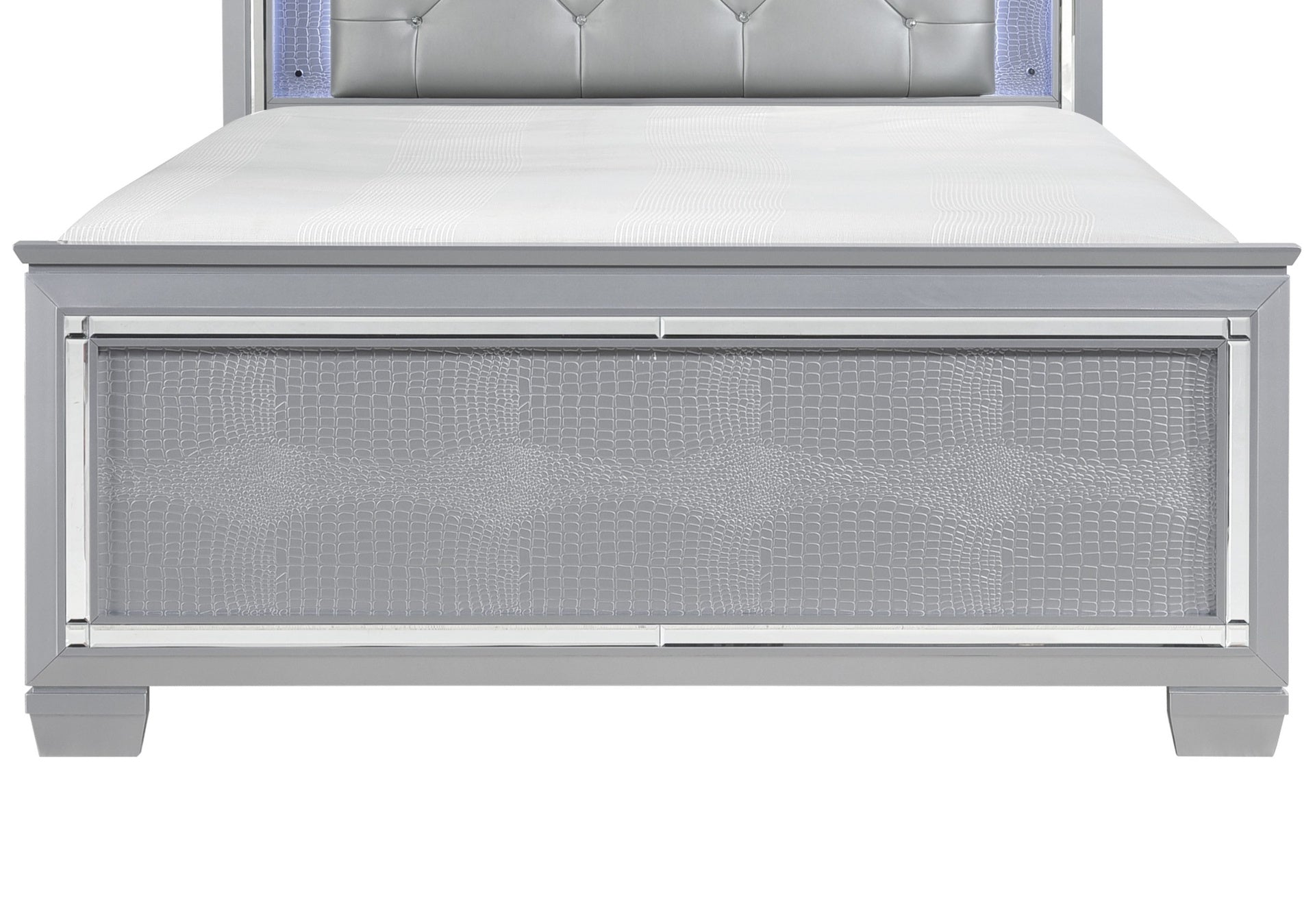Glam Silver Finish King Size Bed LED Headboard Upholstered Faux Alligator Panels Wooden Bedroom Furniture 1pc