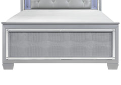 Glam Silver Finish King Size Bed LED Headboard Upholstered Faux Alligator Panels Wooden Bedroom Furniture 1pc