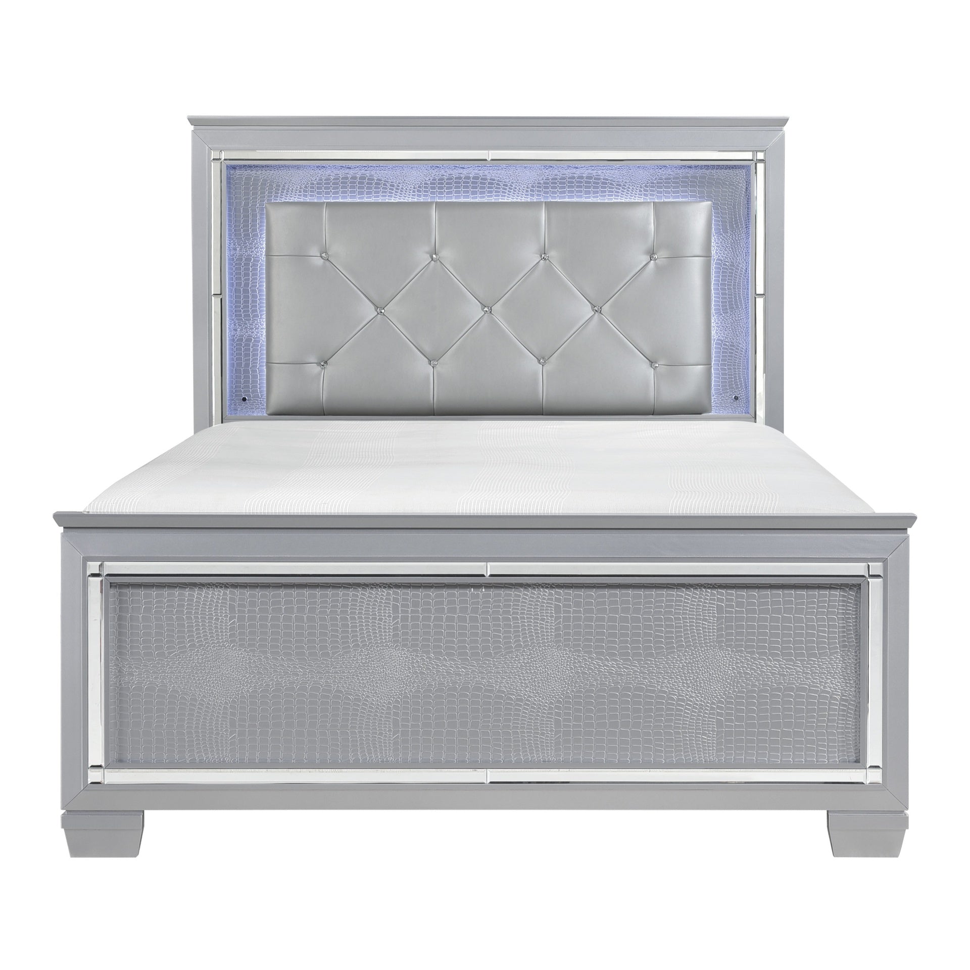 Glam Silver Finish King Size Bed LED Headboard Upholstered Faux Alligator Panels Wooden Bedroom Furniture 1pc