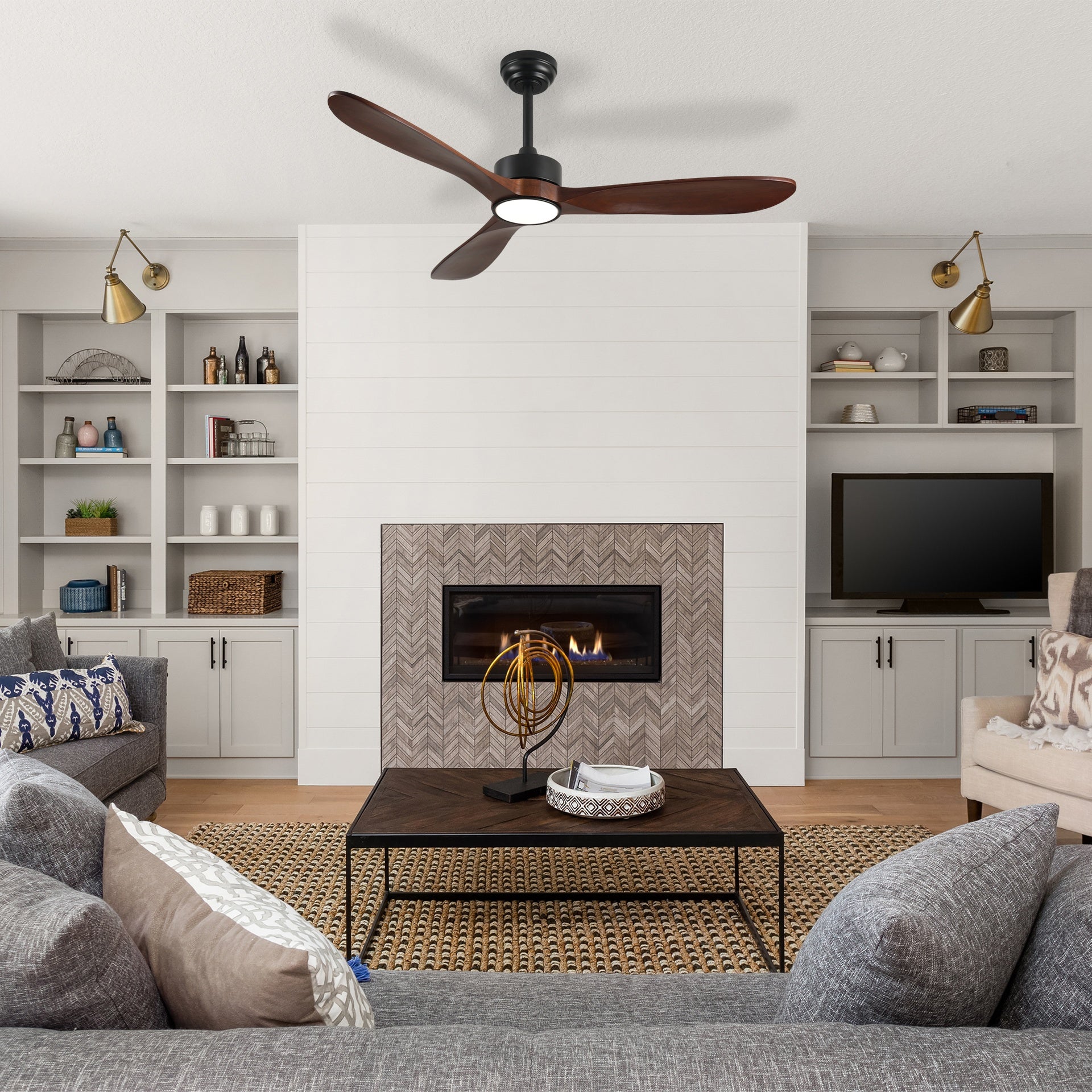 52 Inch Ceiling Fan with Light, 3 Solid Wood Blades,Remote Control,6-speed Reversible DC Motor for Living Room,Bed Room,Dining Room.