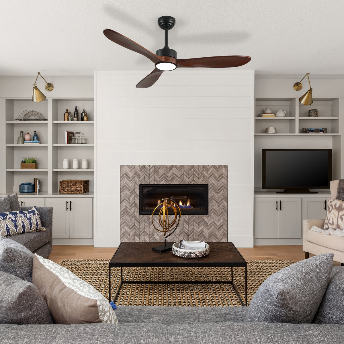 52 Inch Ceiling Fan with Light, 3 Solid Wood Blades,Remote Control,6-speed Reversible DC Motor for Living Room,Bed Room,Dining Room.